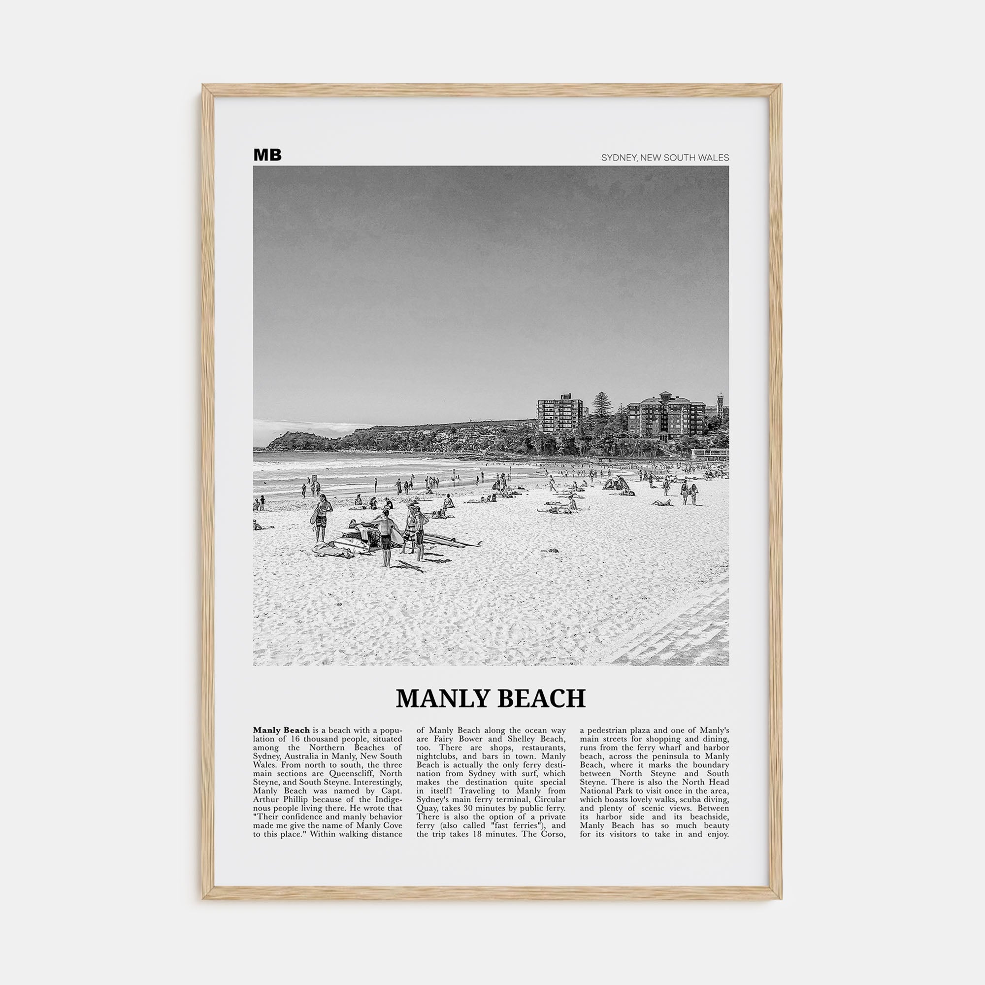 Manly Beach Travel B&W Poster