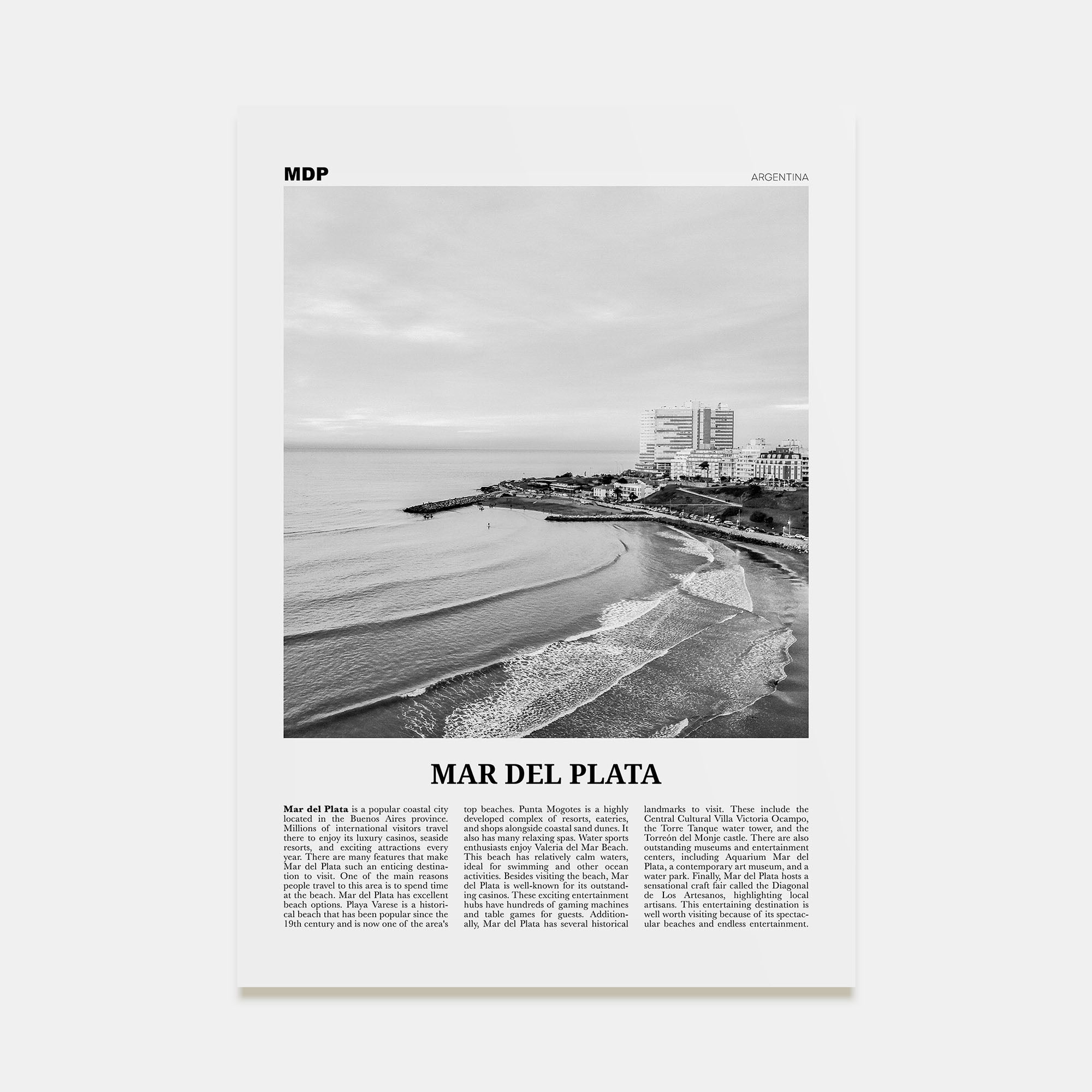 Mar del Plata Travel B&W Poster