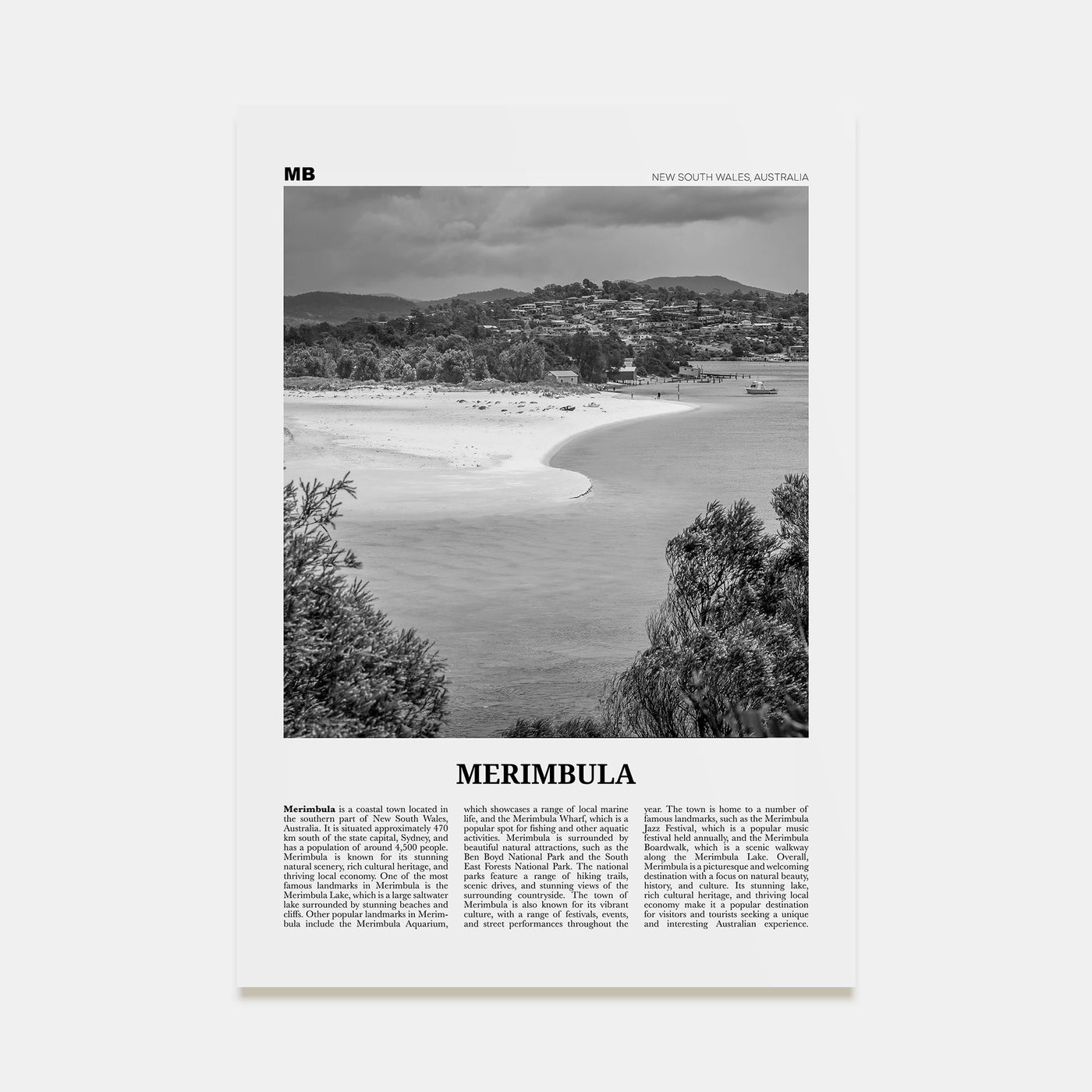 Merimbula Travel B&W Poster