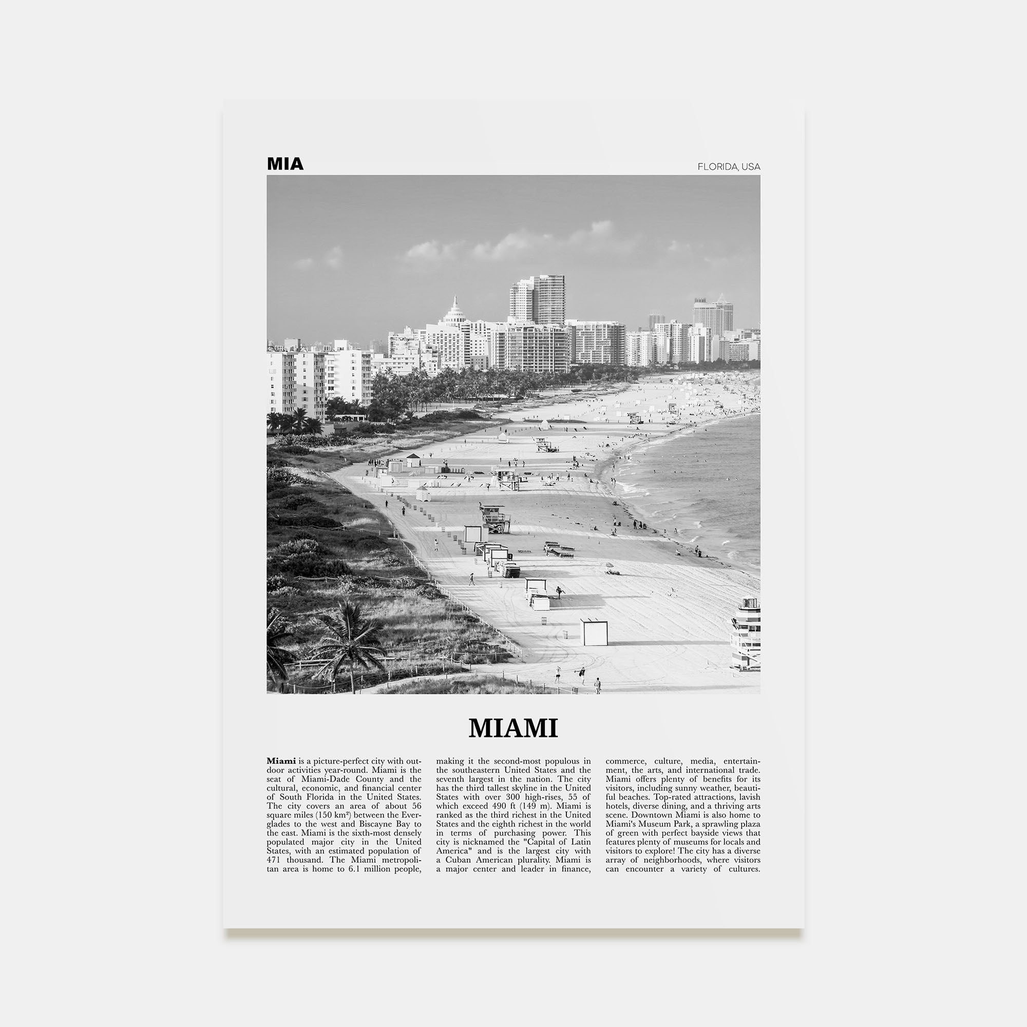 Miami Travel B&W No 1 Poster