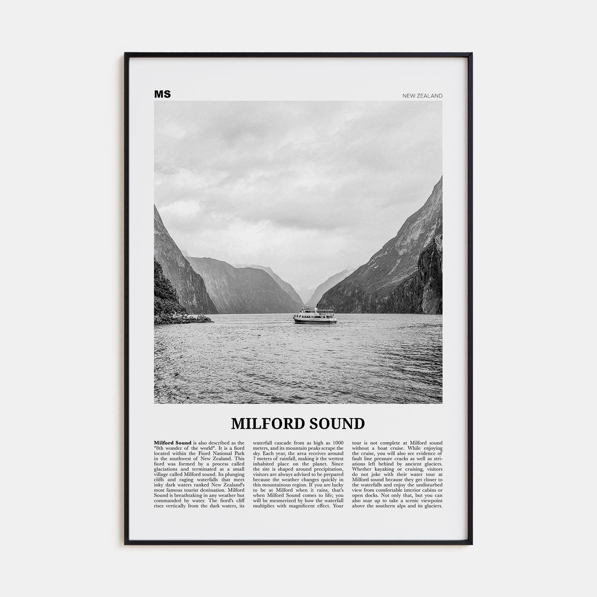 Milford Sound Travel B&W Poster