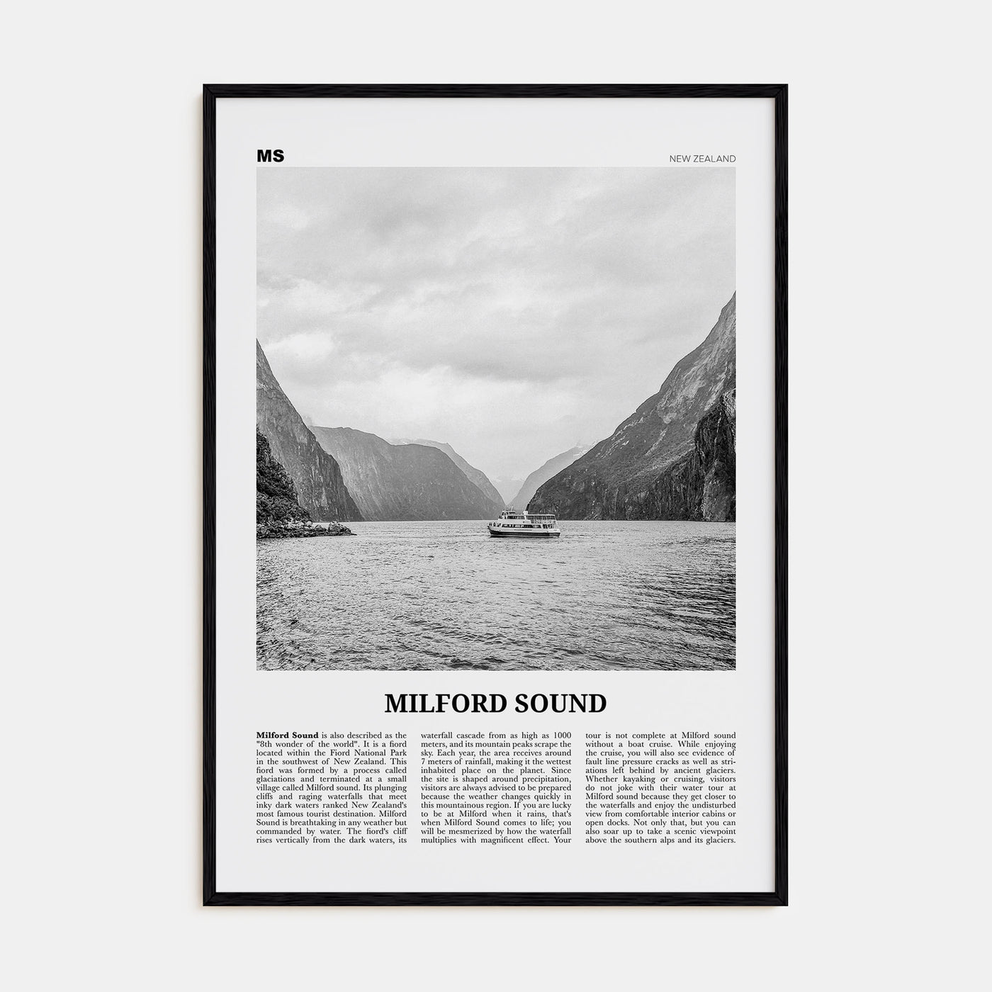 Milford Sound Travel B&W Poster