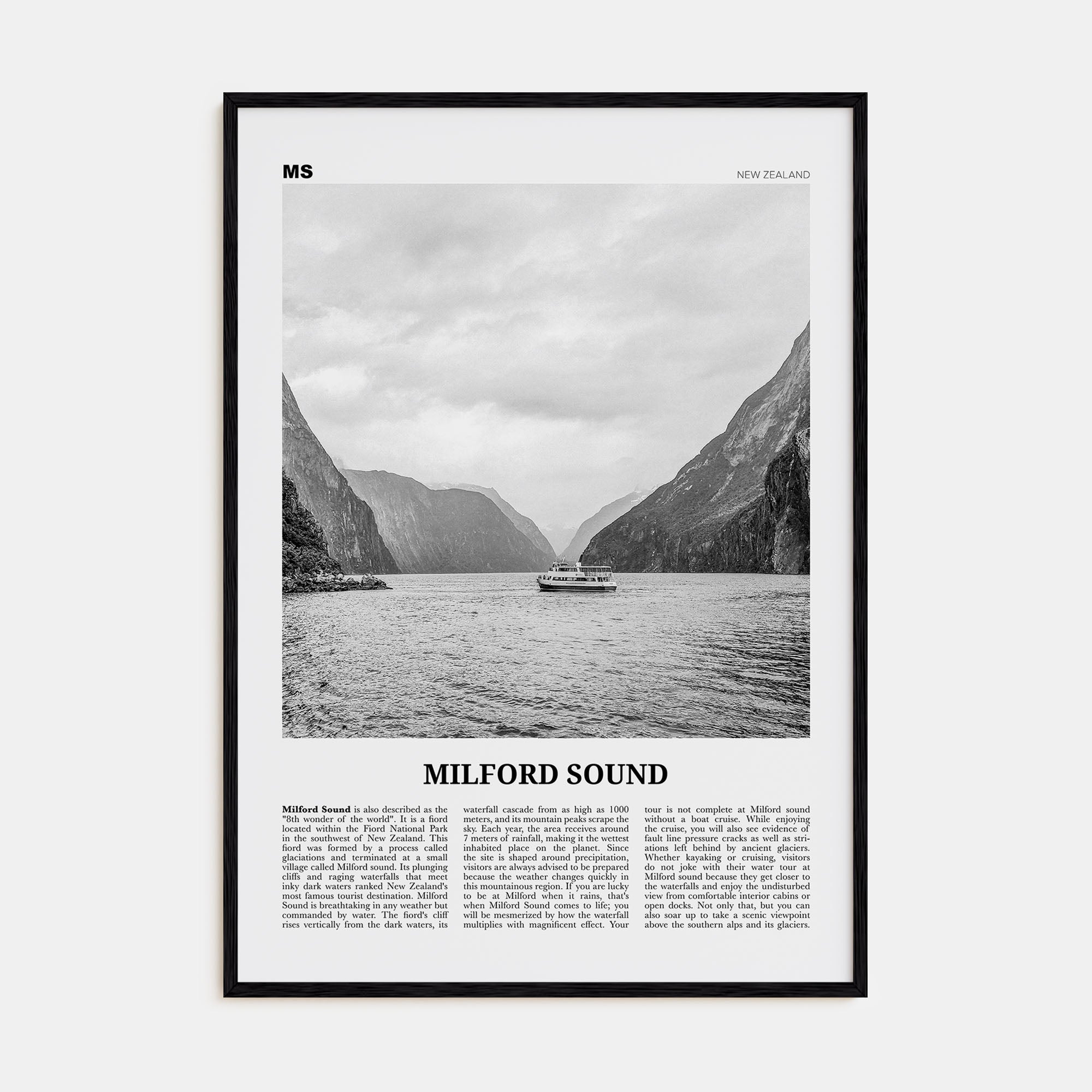 Milford Sound Travel B&W Poster