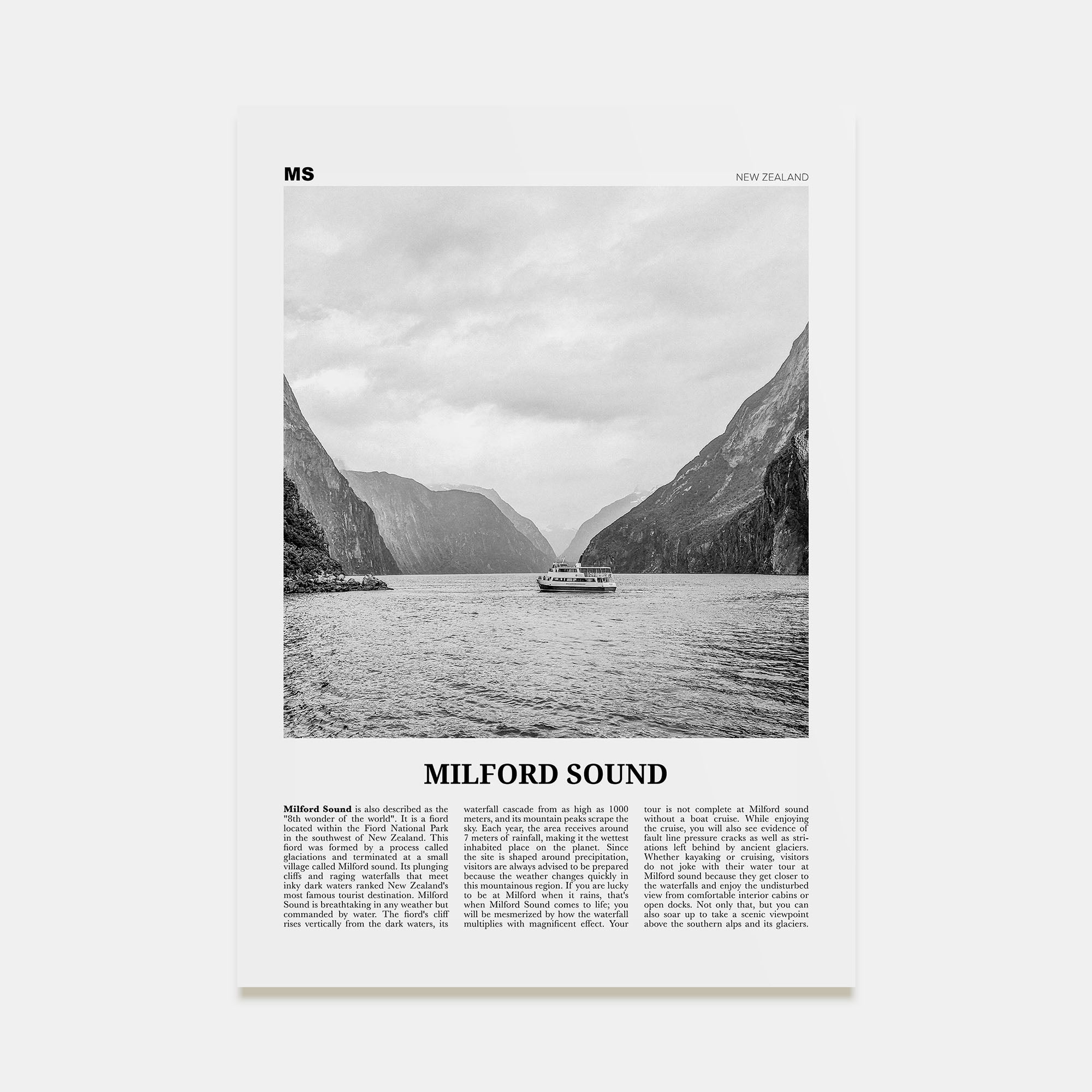 Milford Sound Travel B&W Poster