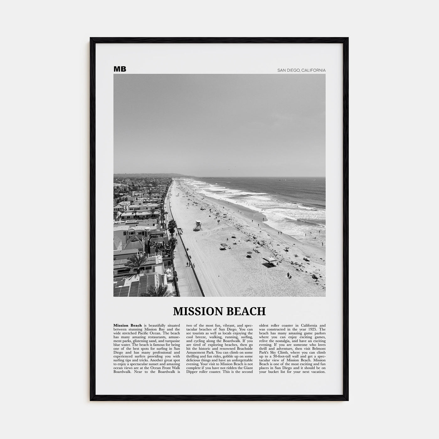 Mission Beach, San Diego Travel B&W No 1 Poster