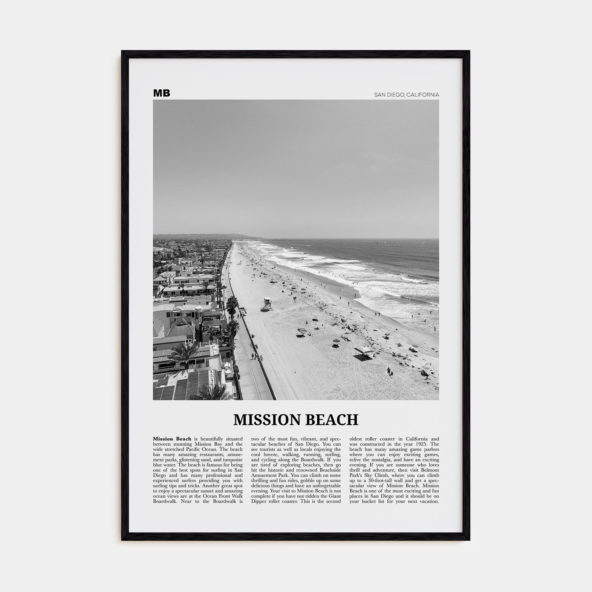 Mission Beach, San Diego Travel B&W No 1 Poster