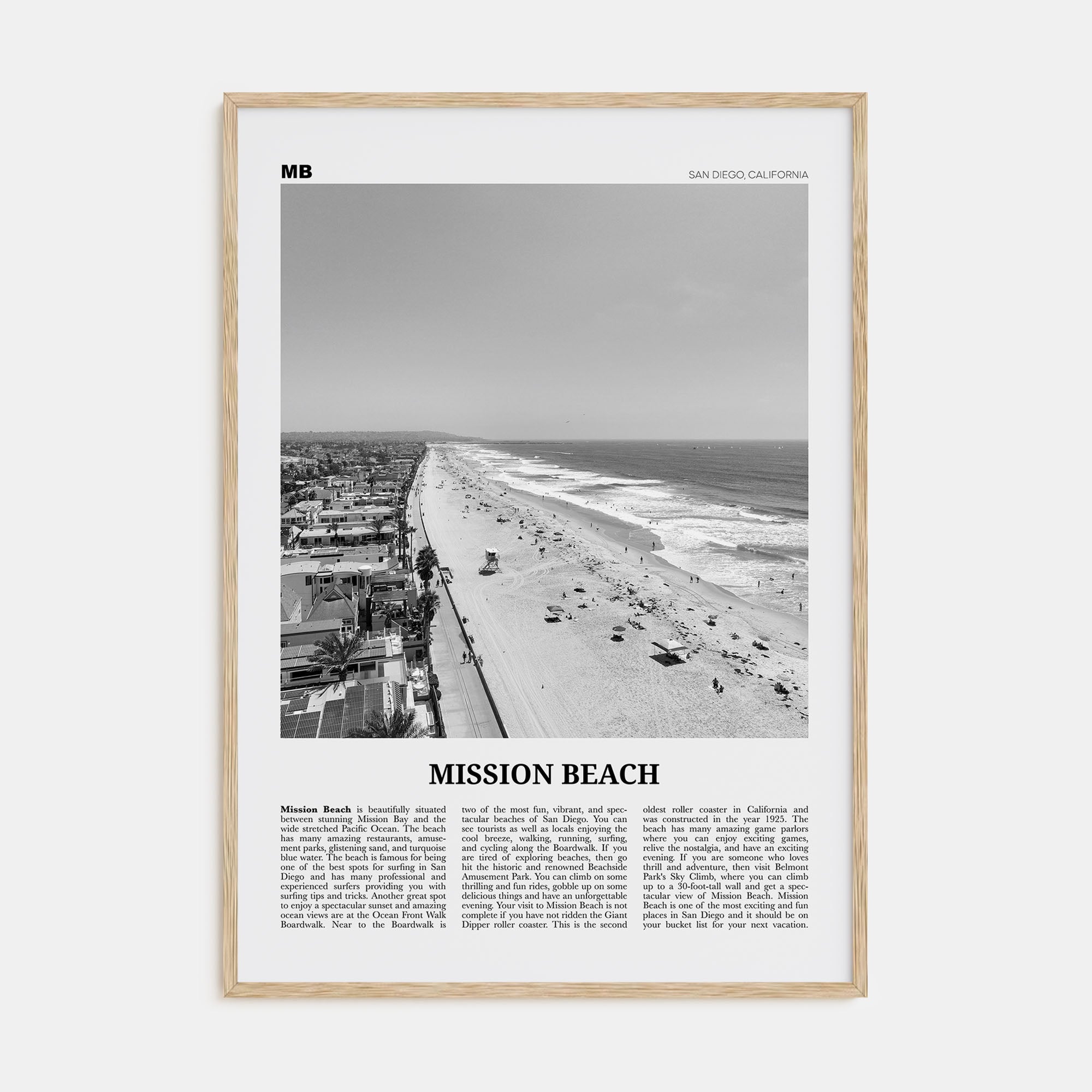 Mission Beach, San Diego Travel B&W No 1 Poster