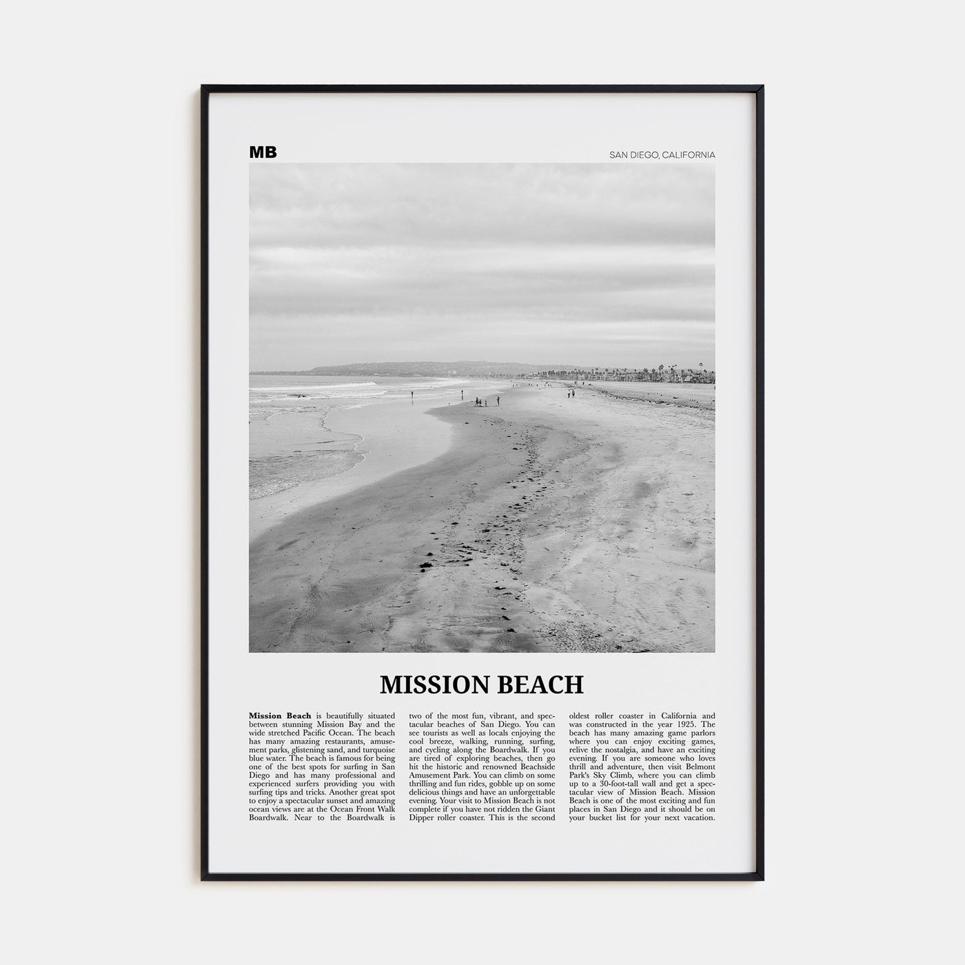 Mission Beach, San Diego Travel B&W No 2 Poster