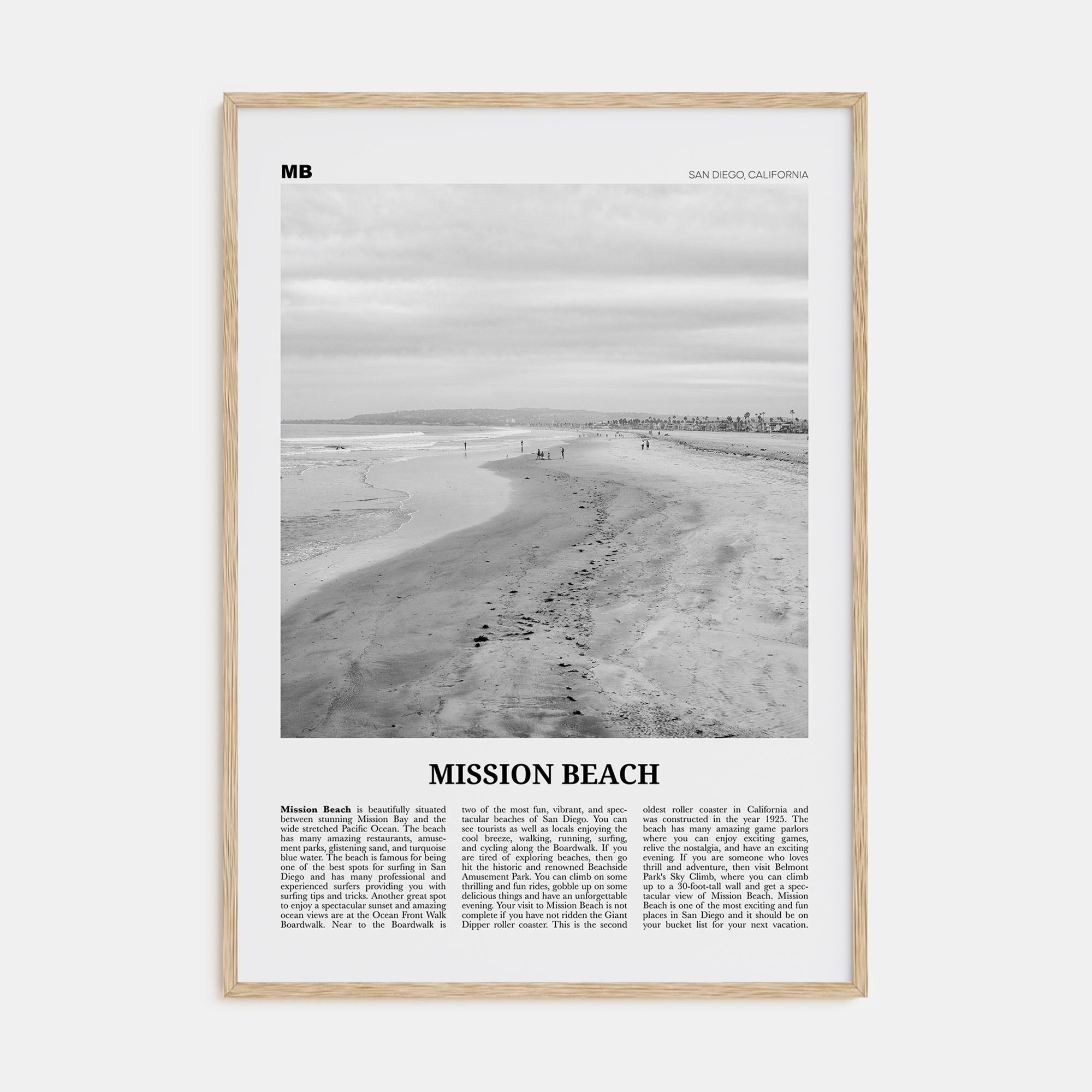 Mission Beach, San Diego Travel B&W No 2 Poster