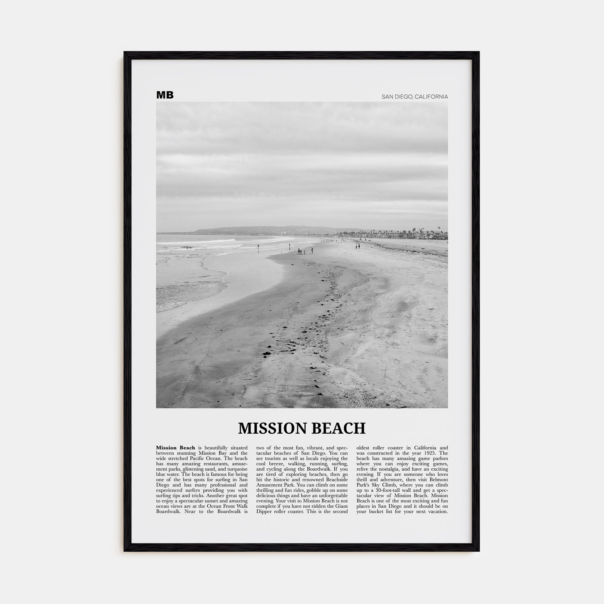 Mission Beach, San Diego Travel B&W No 2 Poster