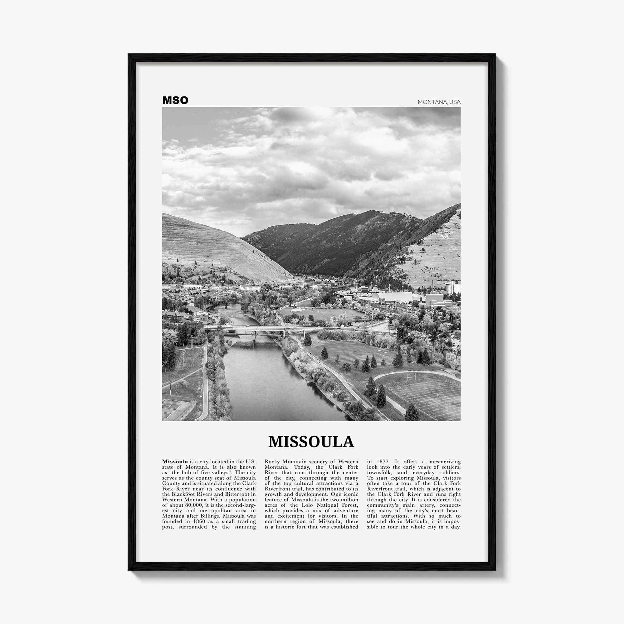 Missoula Print Black and White, Missoula Wall Art, Missoula Poster, Missoula Photo, Missoula Wall Décor, Montana, USA, United States