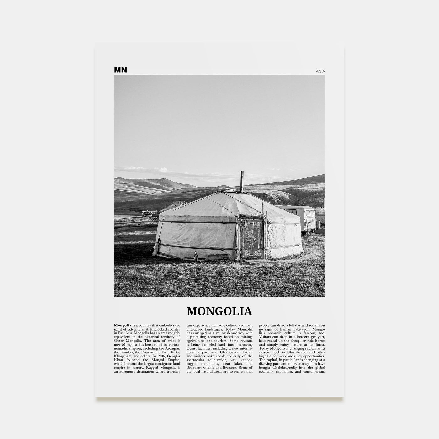 Mongolia Travel B&W Poster