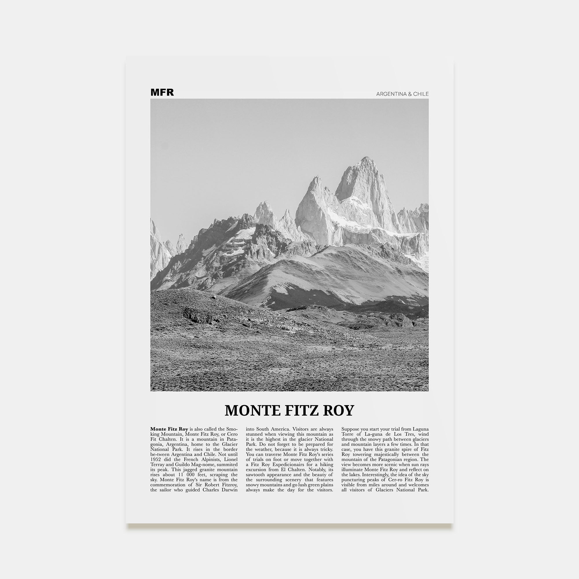 Monte Fitz Roy Travel B&W Poster
