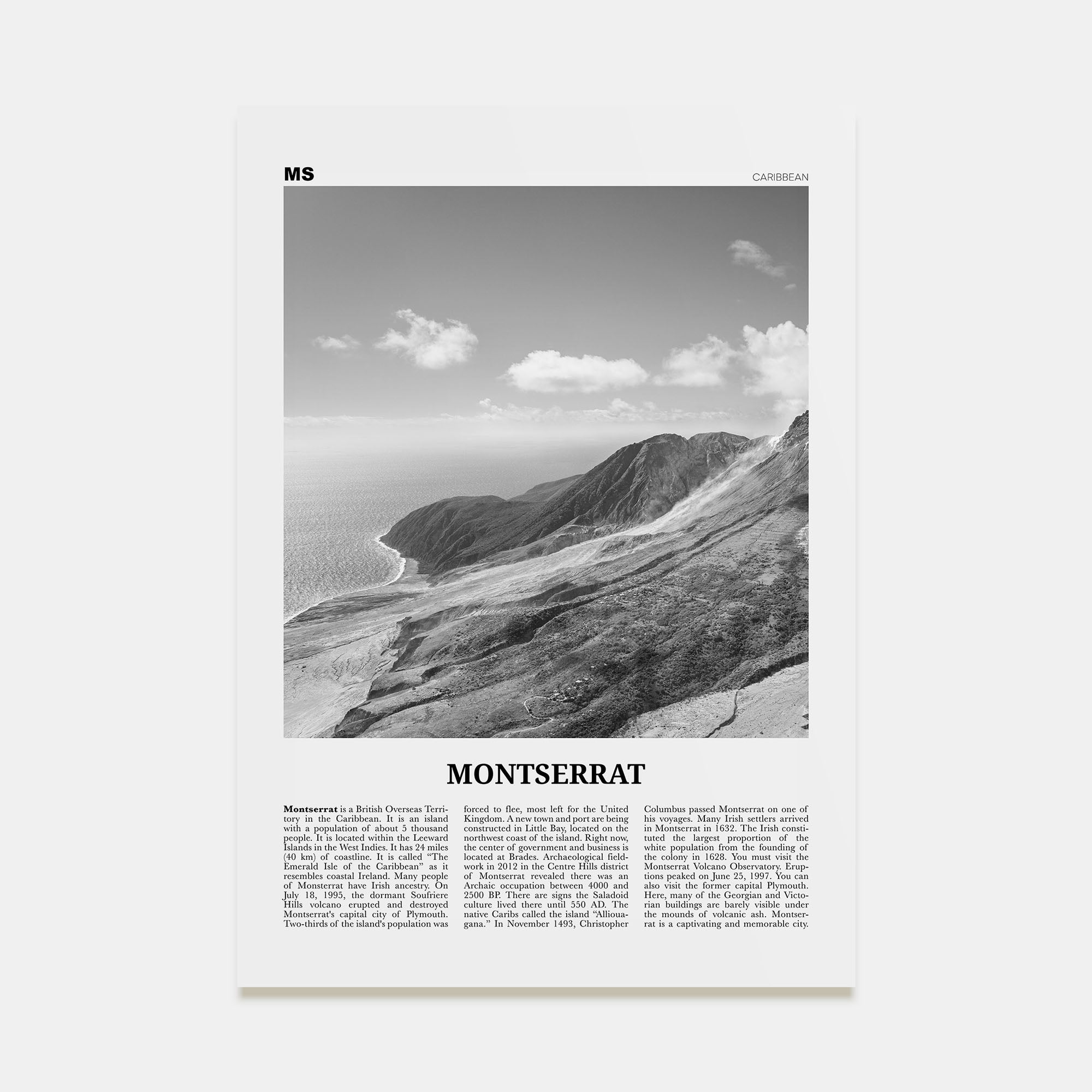 Montserrat, Caribbean Travel B&W Poster