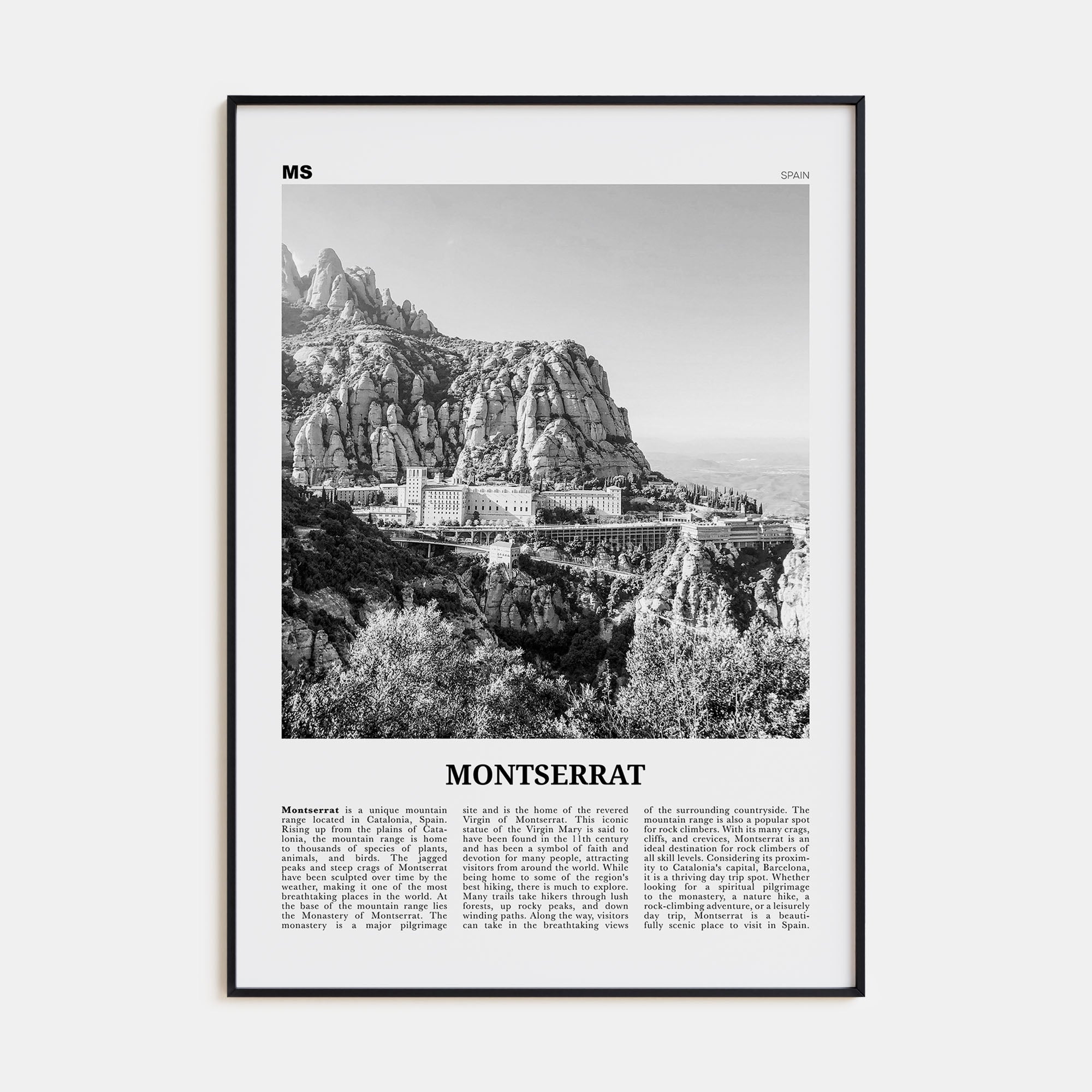 Montserrat, Spain Travel B&W Poster