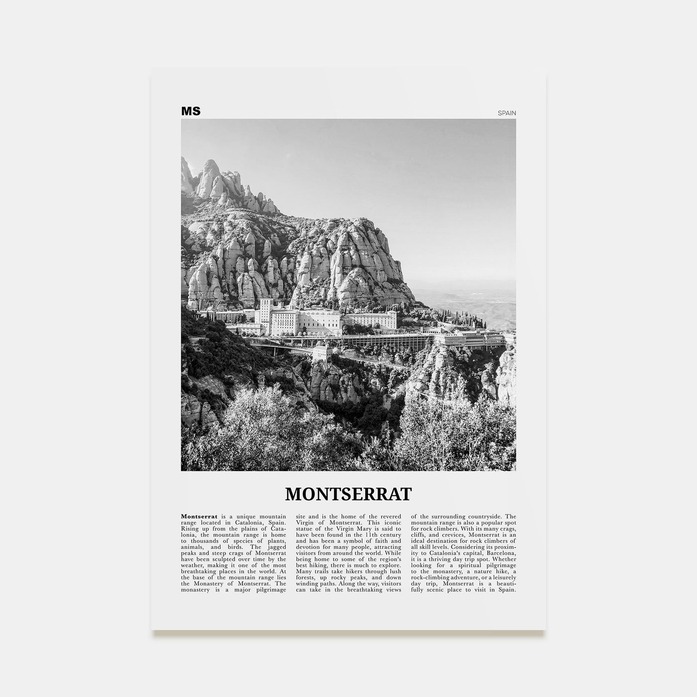 Montserrat, Spain Travel B&W Poster