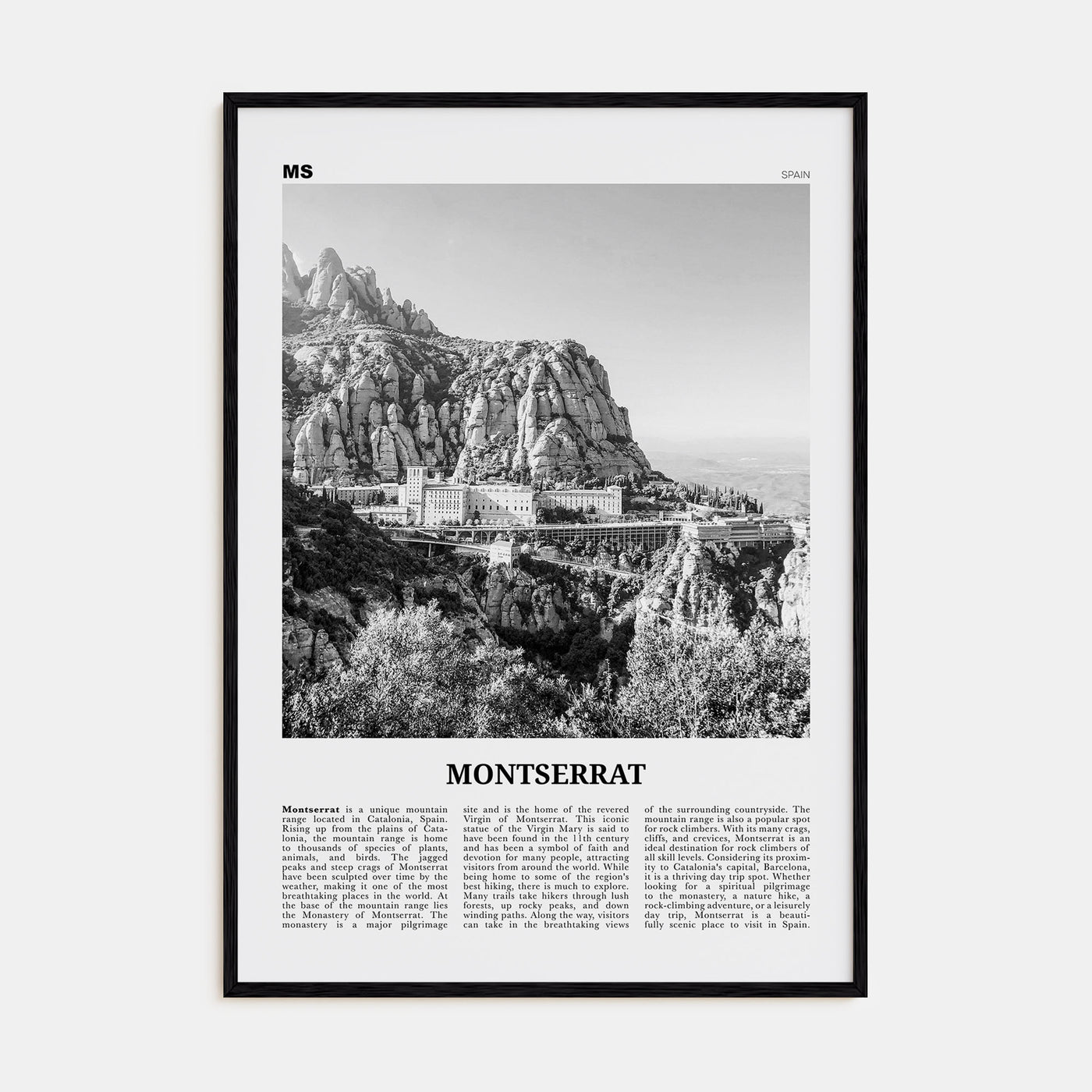Montserrat, Spain Travel B&W Poster