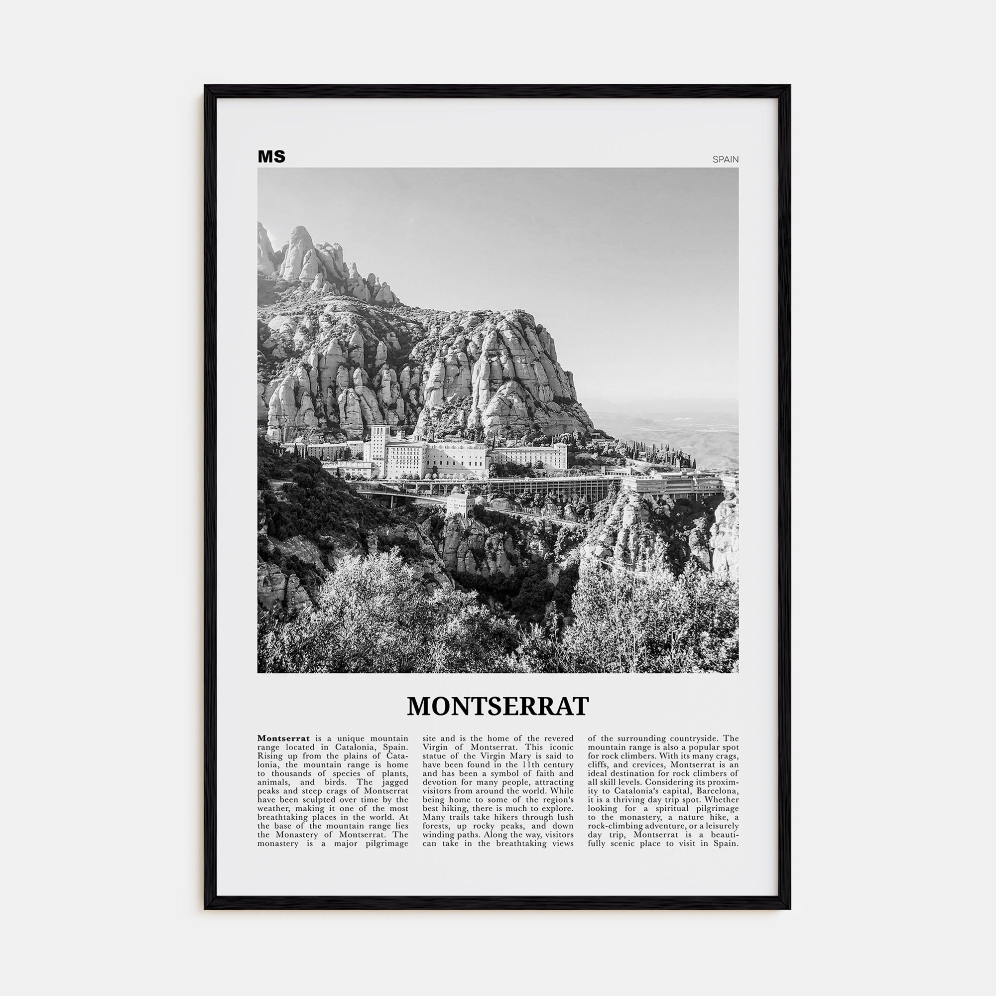 Montserrat, Spain Travel B&W Poster