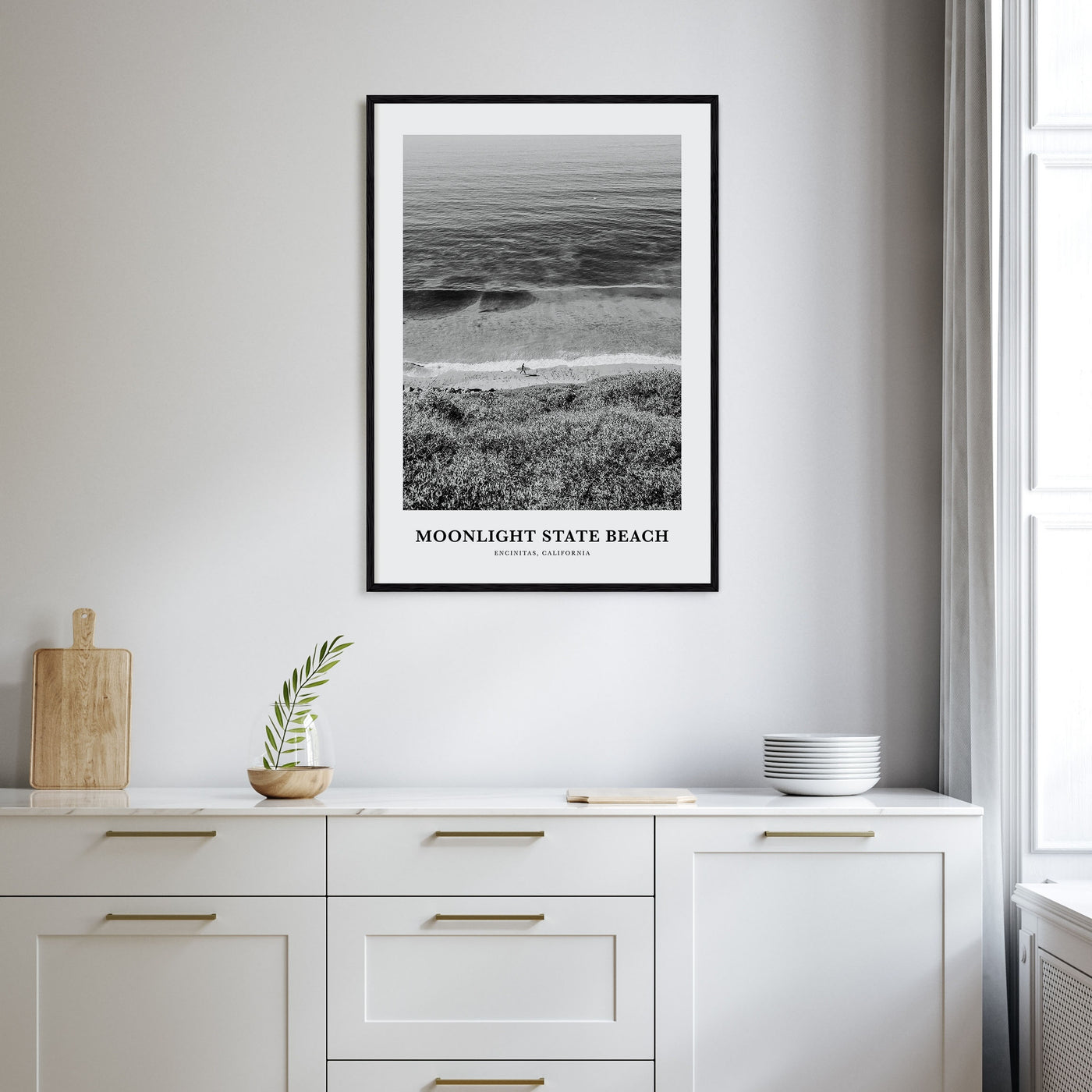 Moonlight State Beach Portrait B&W Poster