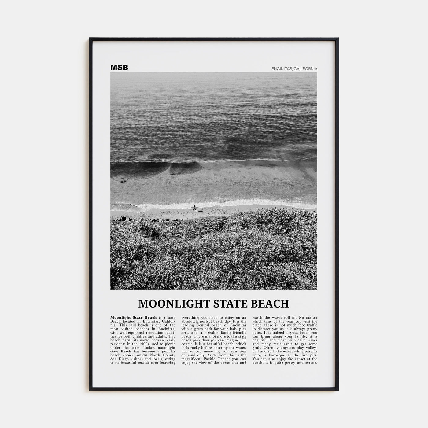 Moonlight State Beach Travel B&W Poster