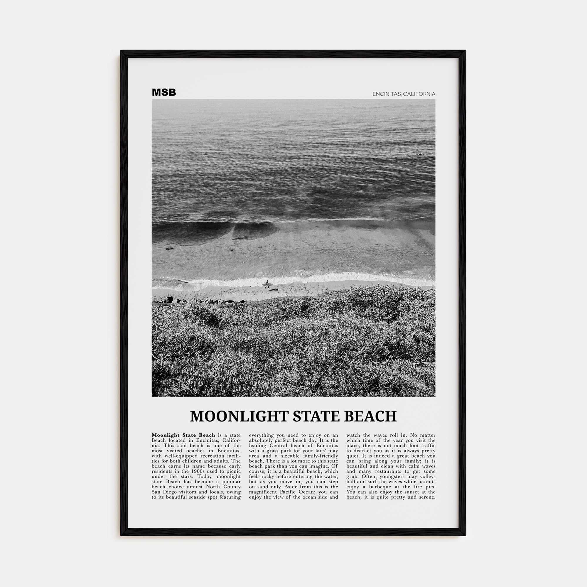 Moonlight State Beach Travel B&W Poster