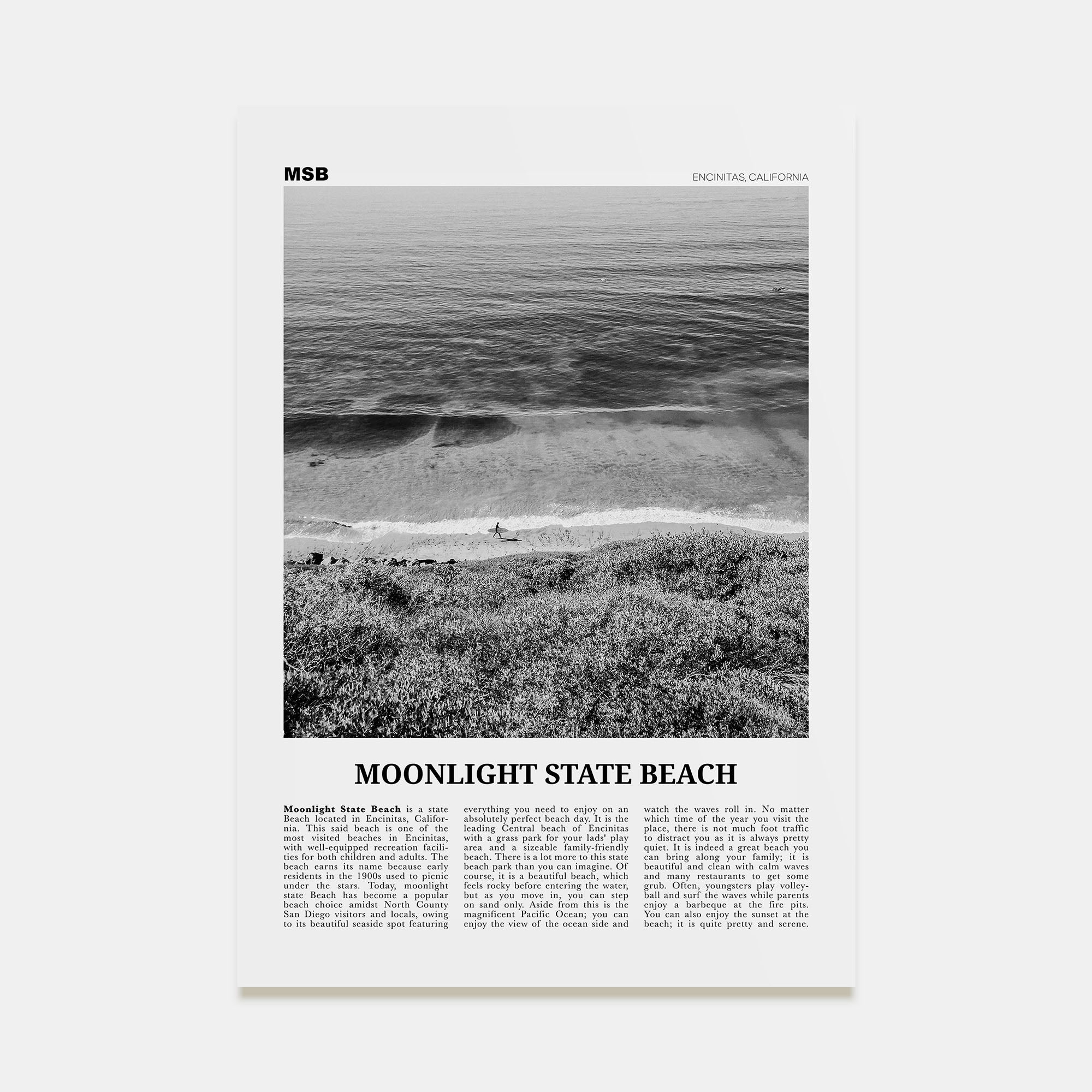 Moonlight State Beach Travel B&W Poster