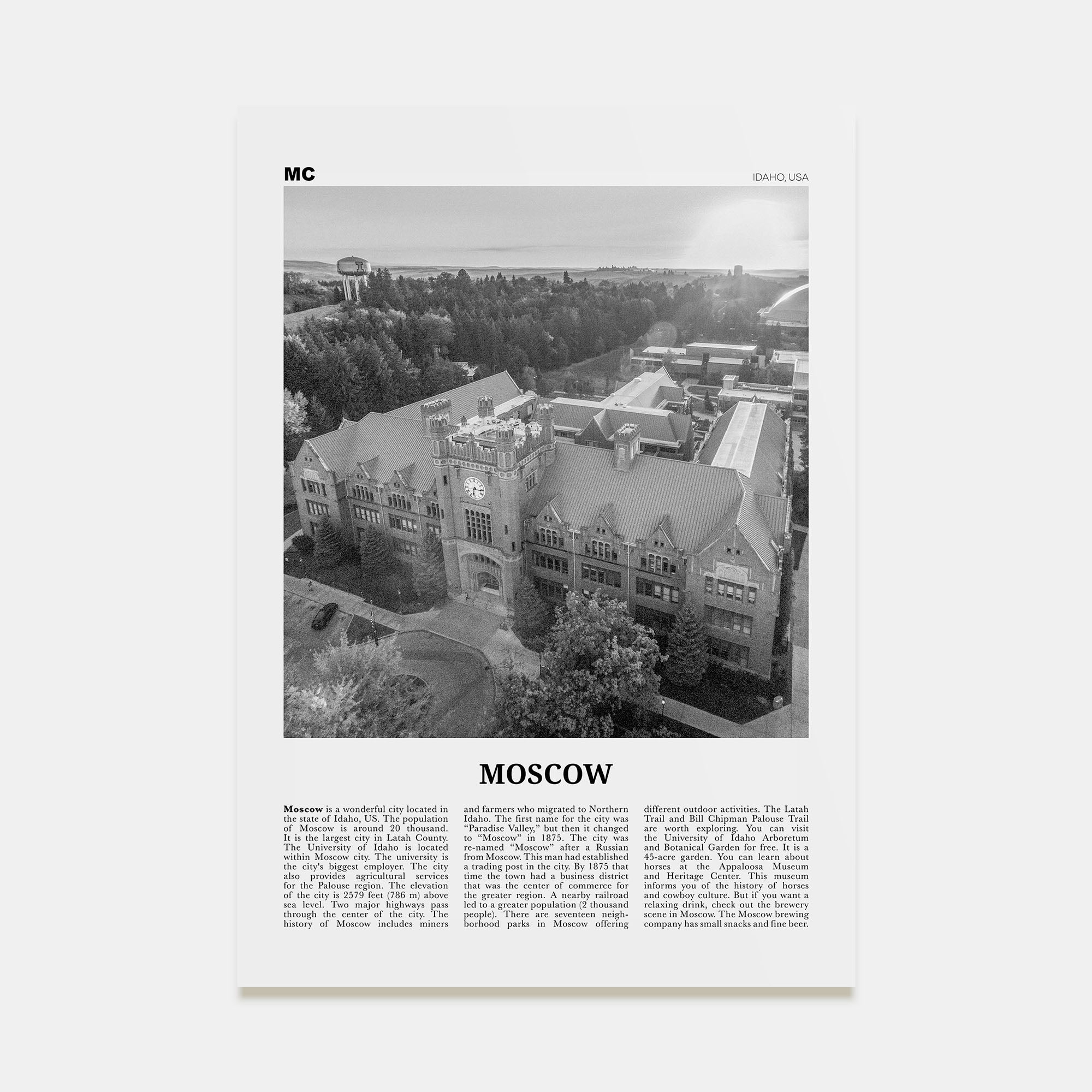Moscow, Idaho Travel B&W Poster