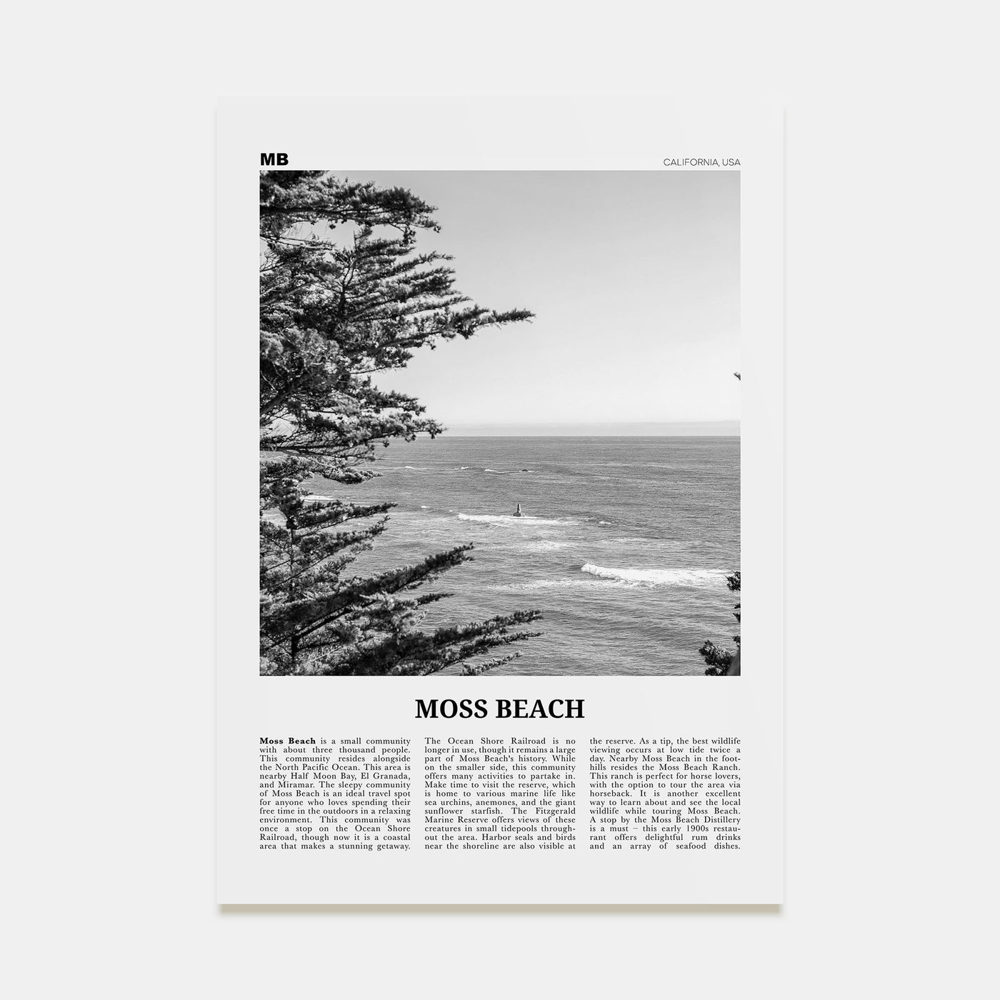 Moss Beach Travel B&W Poster