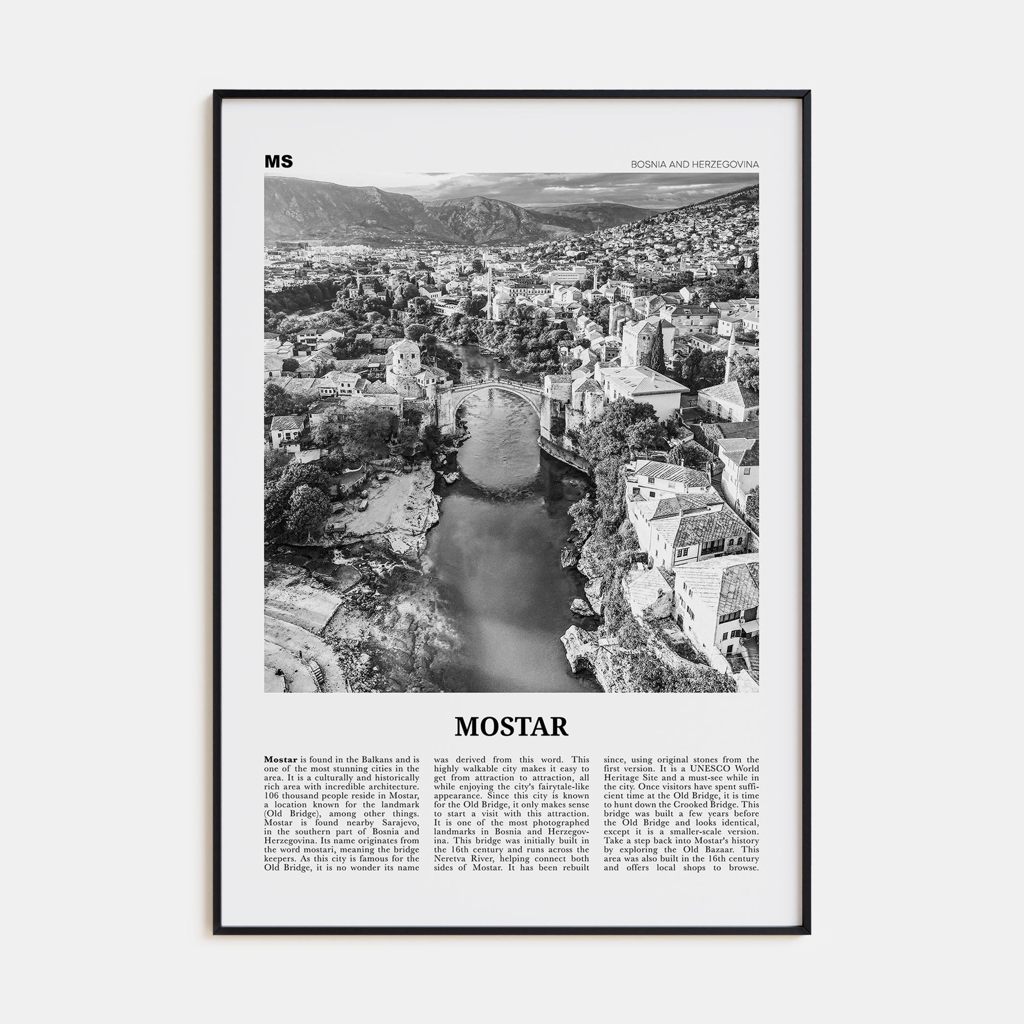 Mostar Travel B&W Poster