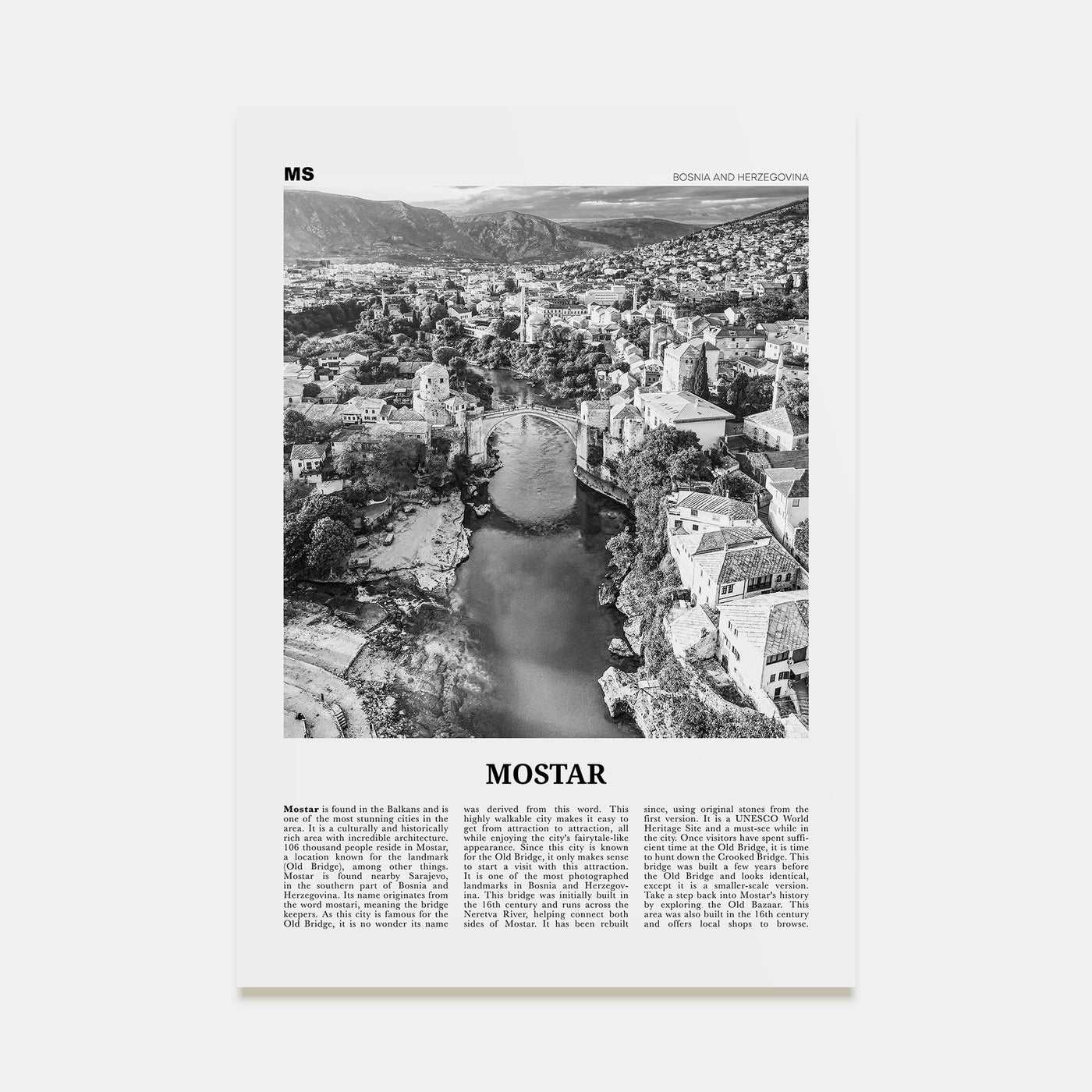 Mostar Travel B&W Poster
