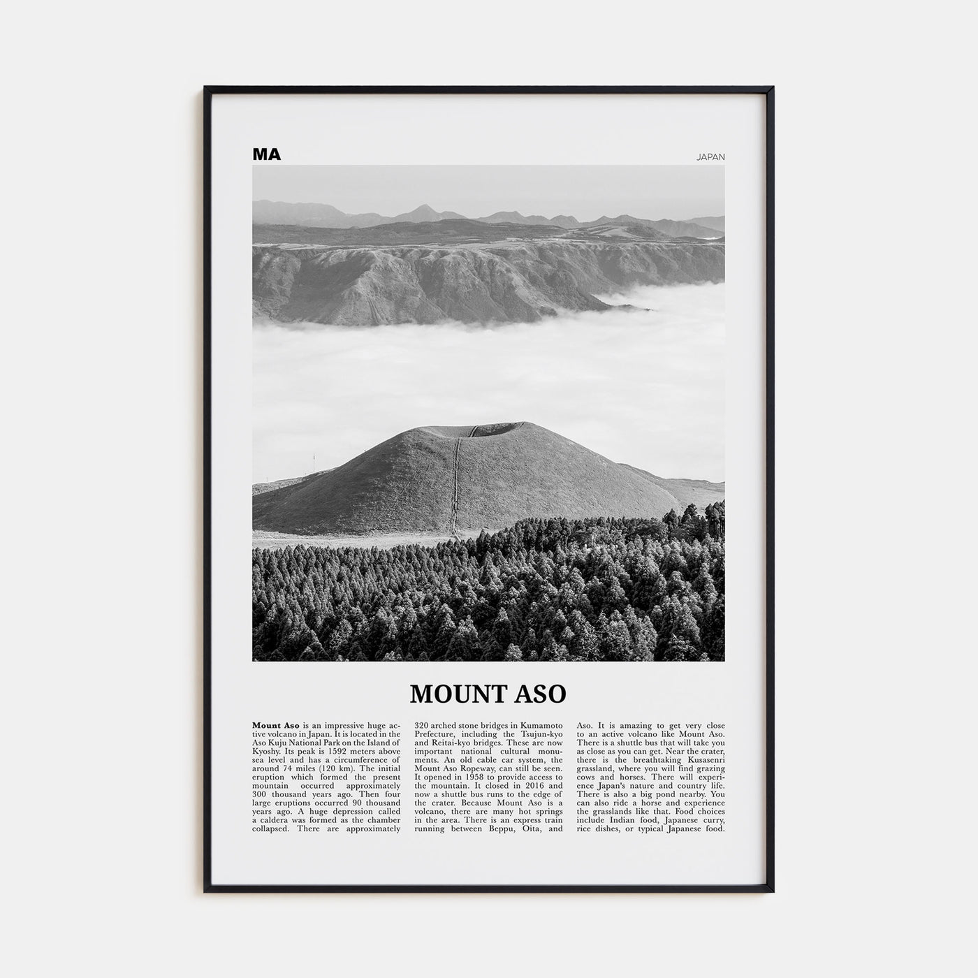 Mount Aso Travel B&W Poster