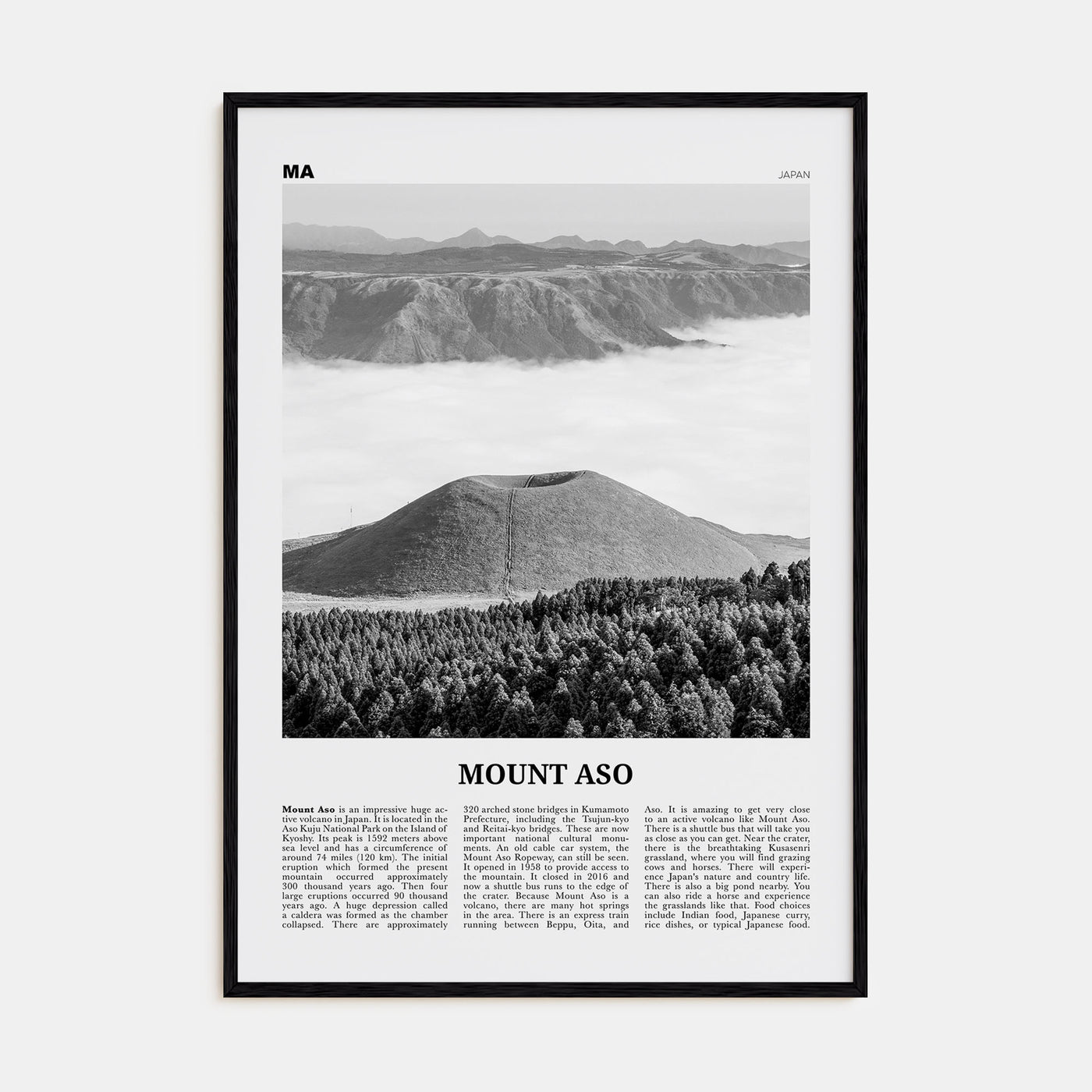 Mount Aso Travel B&W Poster