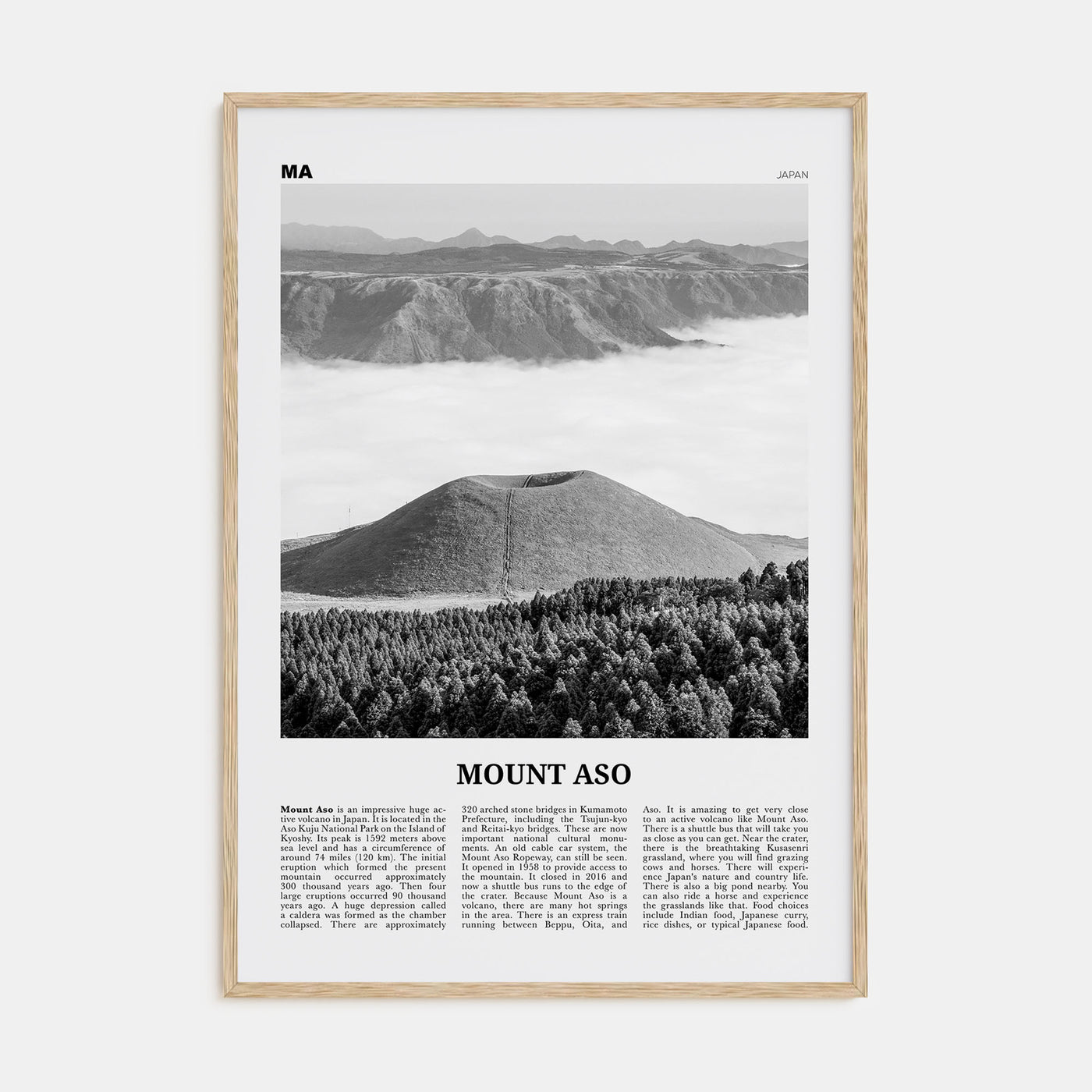 Mount Aso Travel B&W Poster