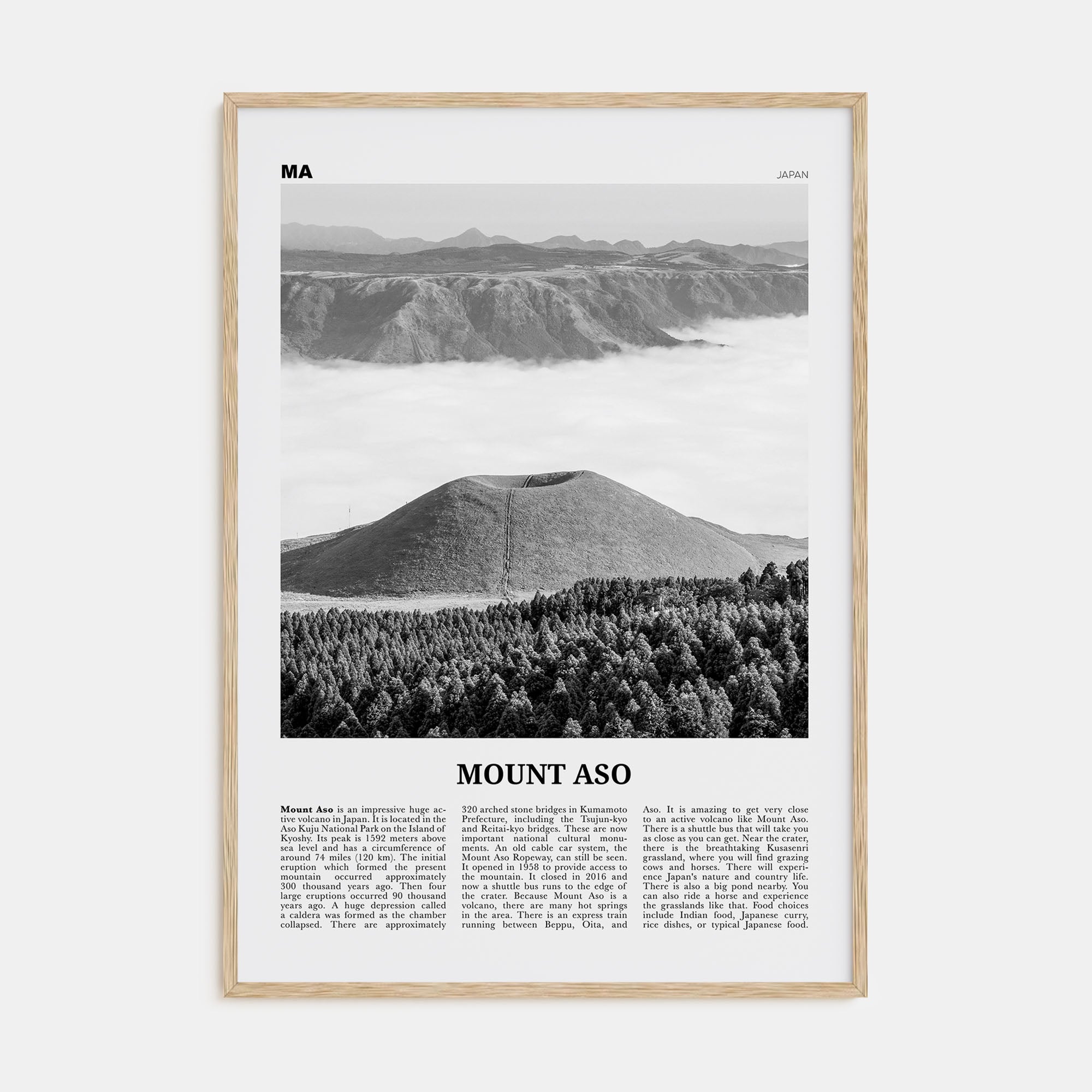 Mount Aso Travel B&W Poster