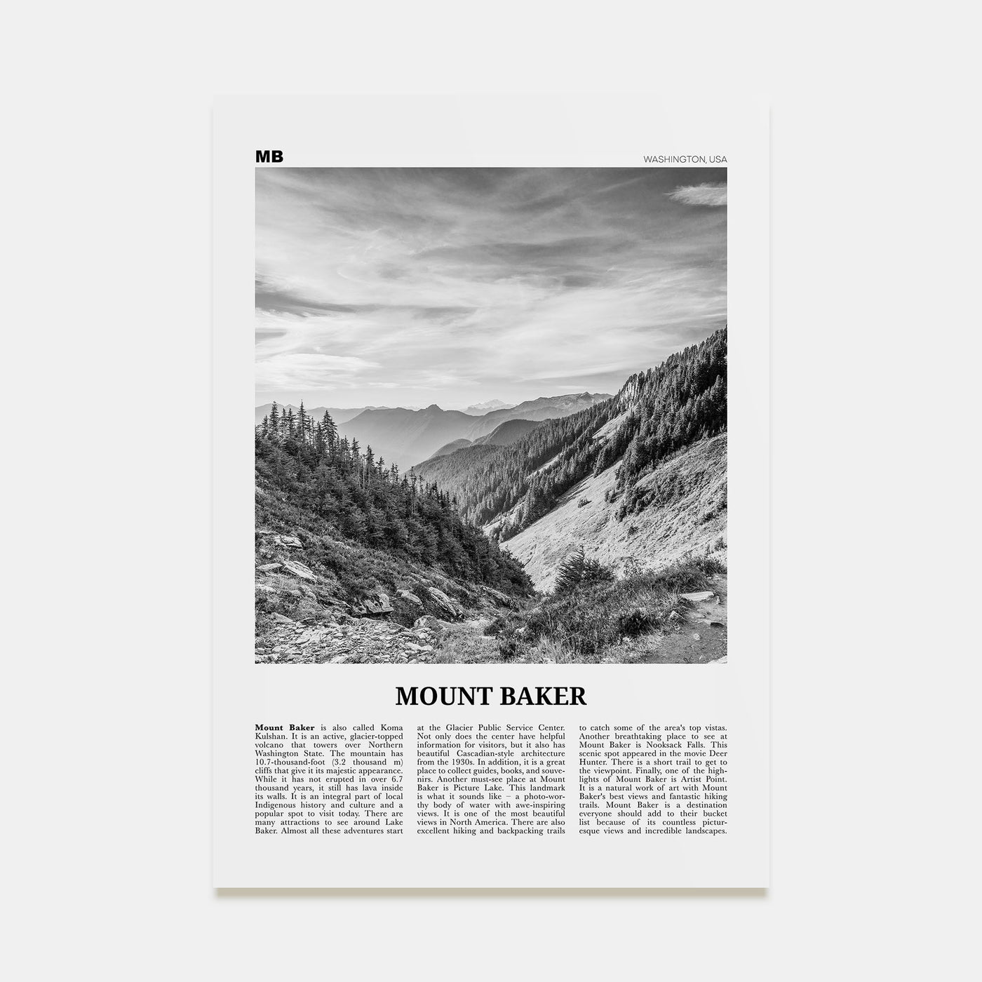 Mount Baker Travel B&W Poster