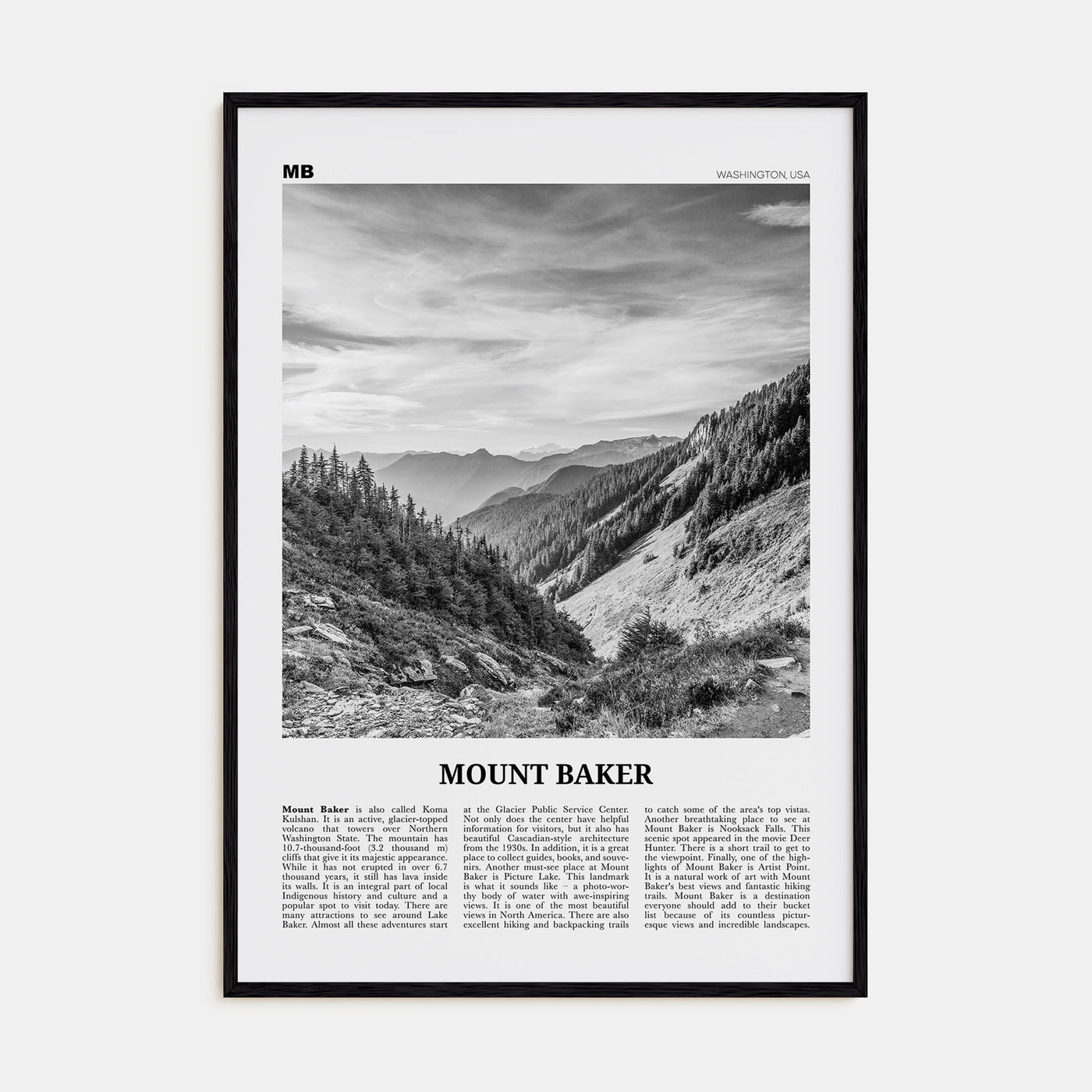 Mount Baker Travel B&W Poster