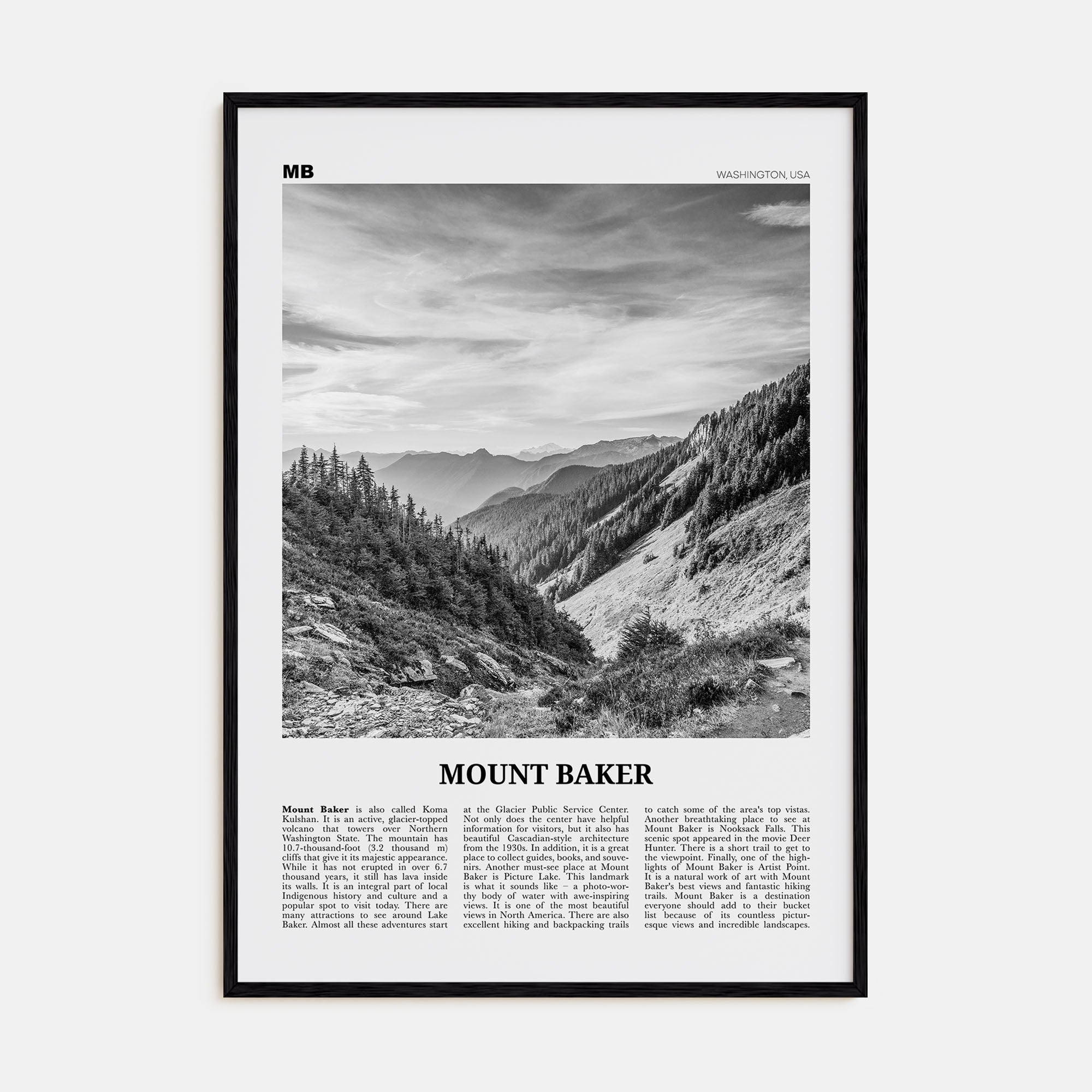 Mount Baker Travel B&W Poster