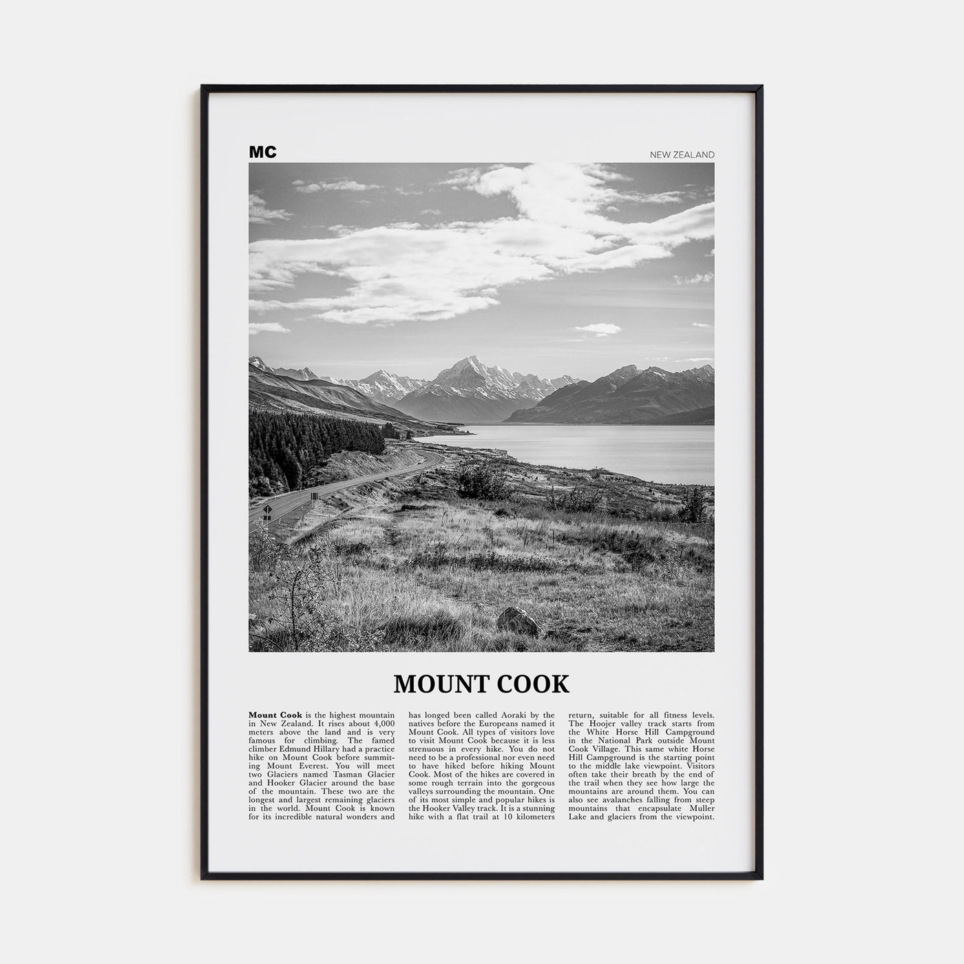 Mount Cook Travel B&W Poster