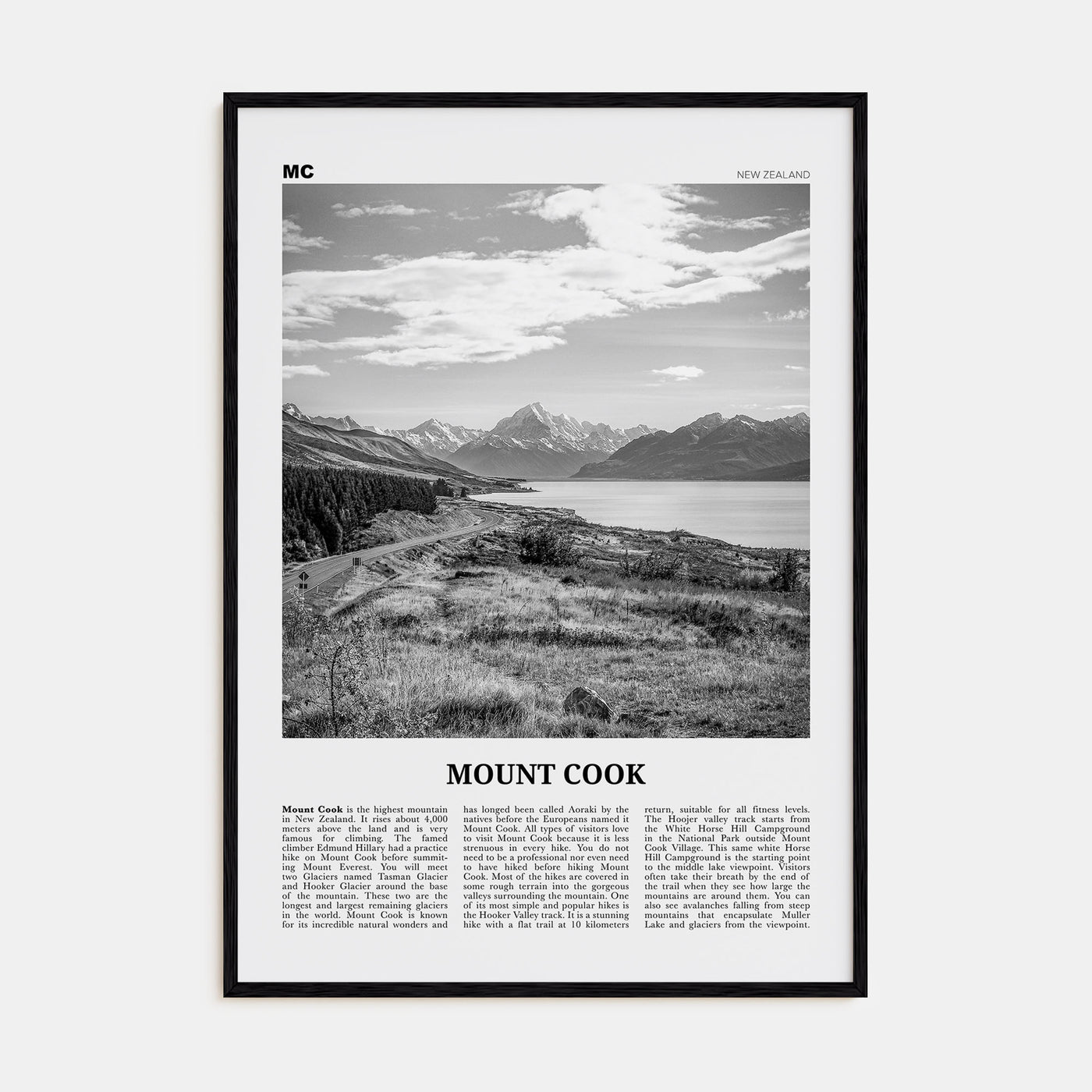Mount Cook Travel B&W Poster