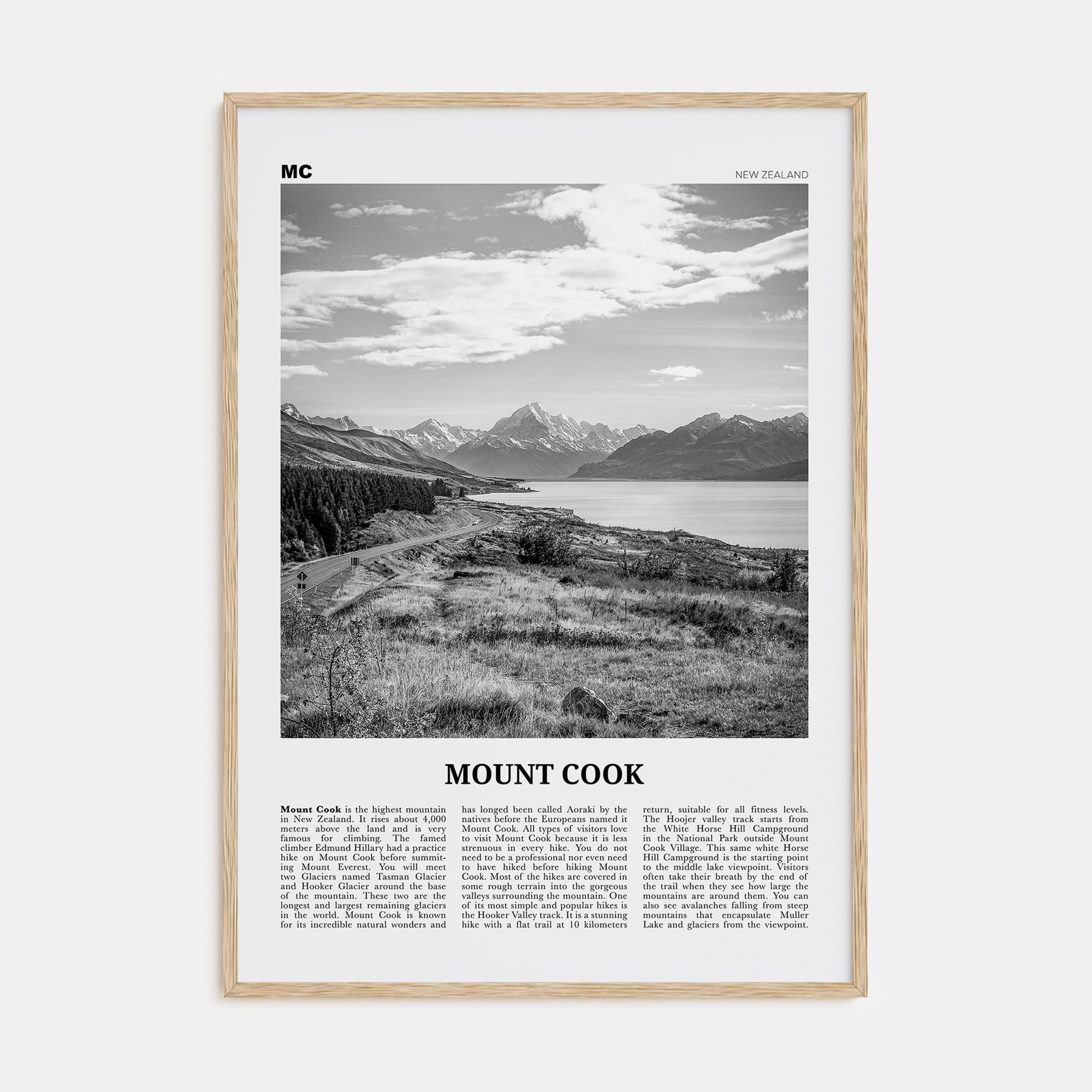 Mount Cook Travel B&W Poster