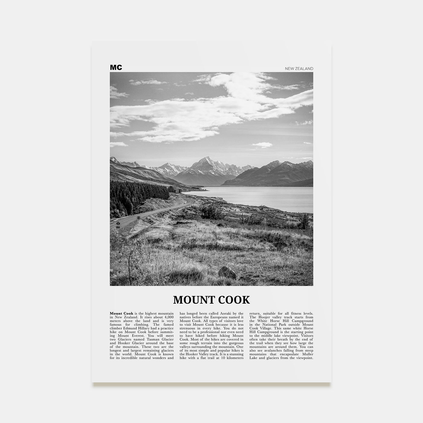 Mount Cook Travel B&W Poster