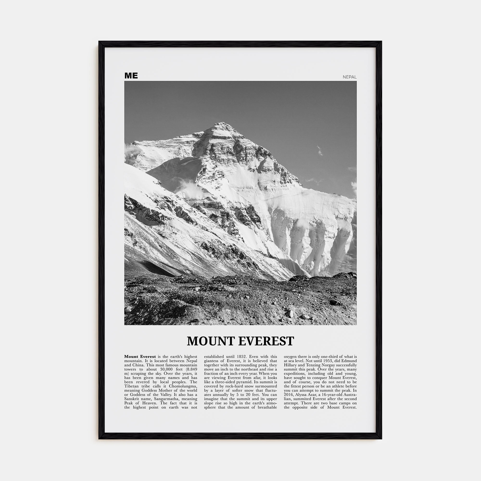 Mount Everest Travel B&W Poster