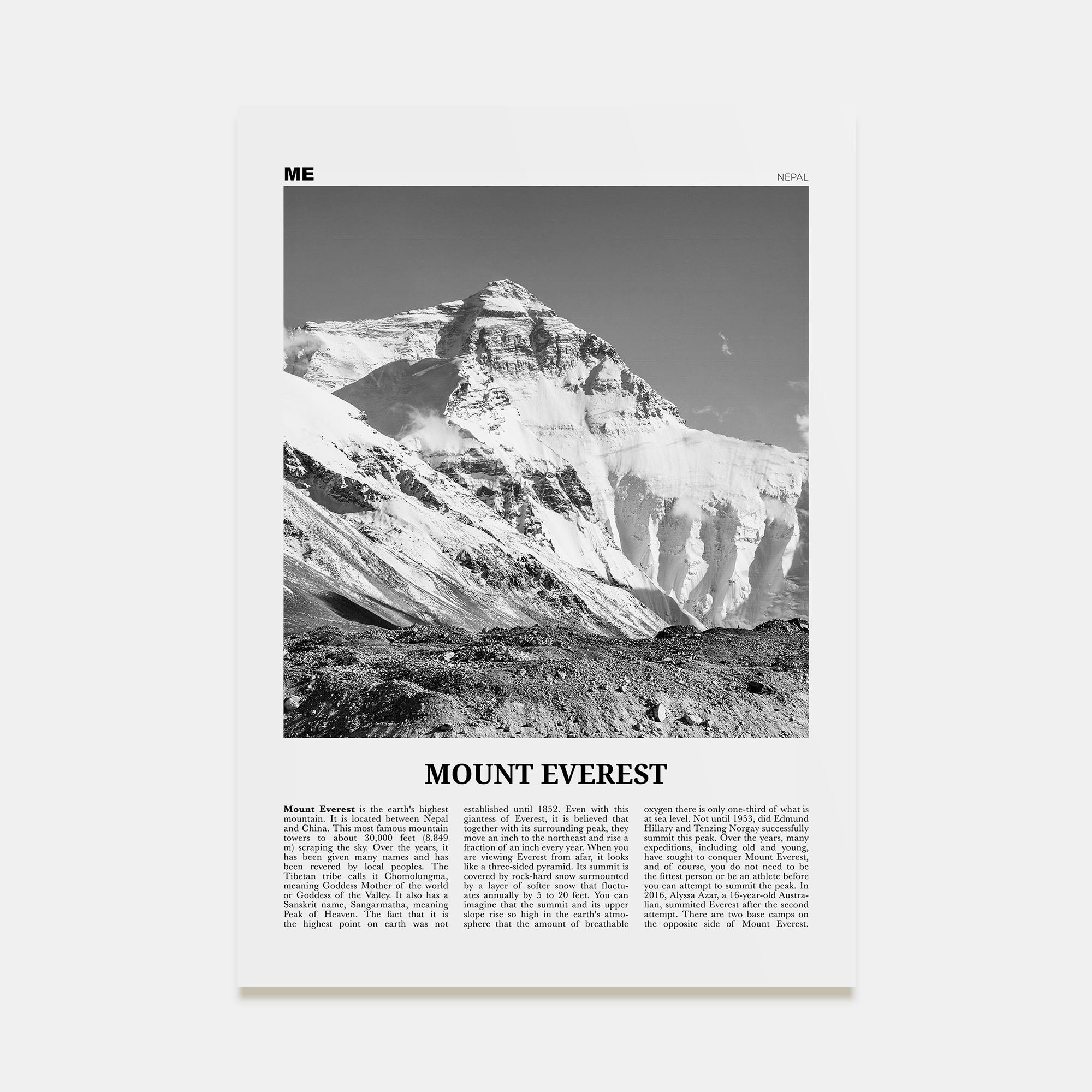 Mount Everest Travel B&W Poster