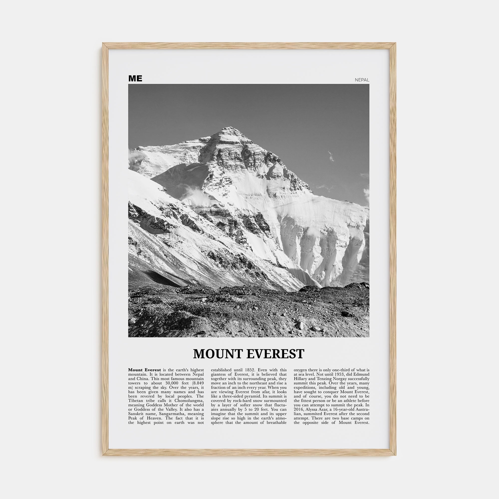 Mount Everest Travel B&W Poster
