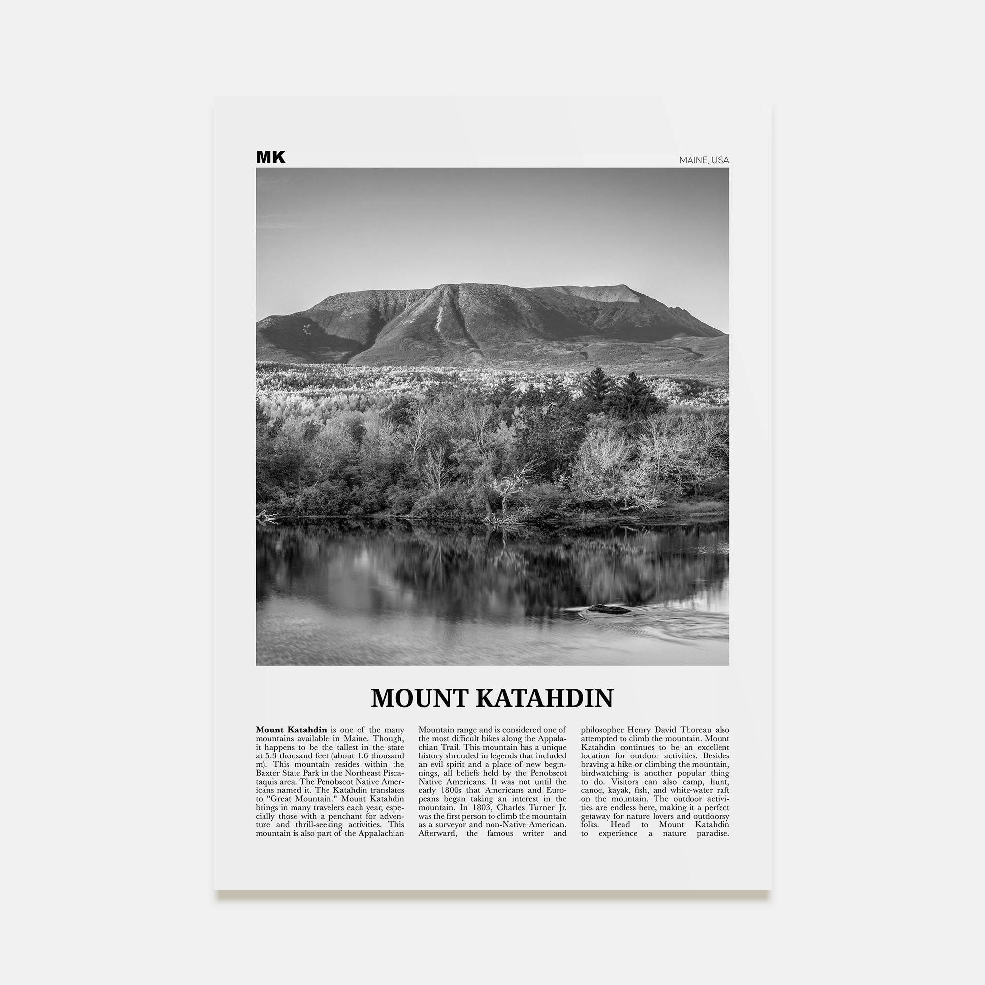 Mount Katahdin Travel B&W Poster