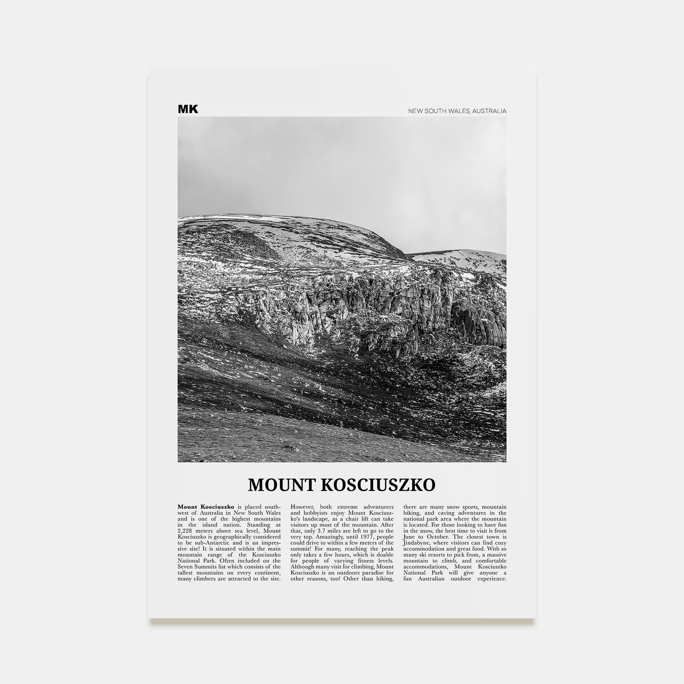 Mount Kosciuszko Travel B&W Poster