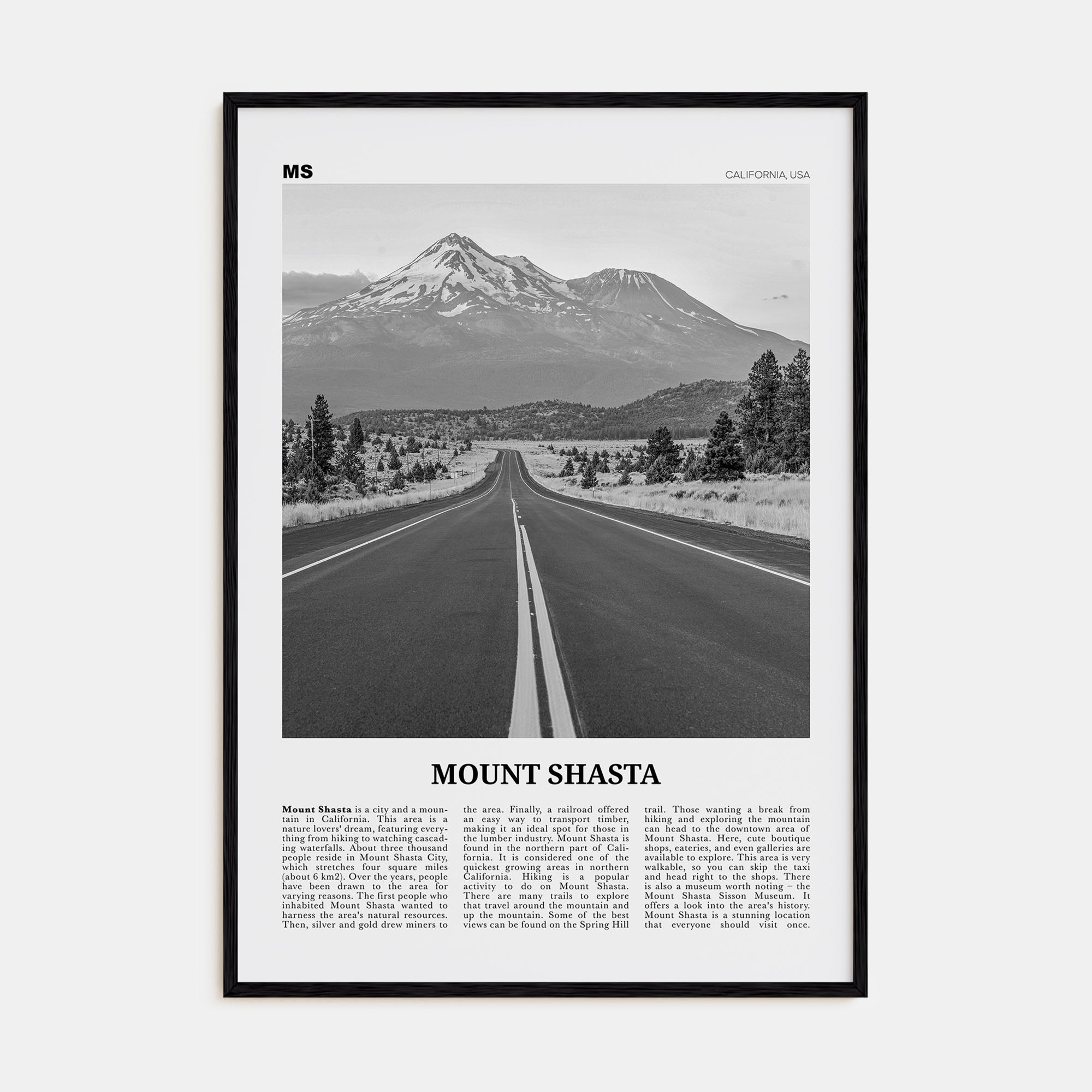 Mount Shasta Travel B&W Poster
