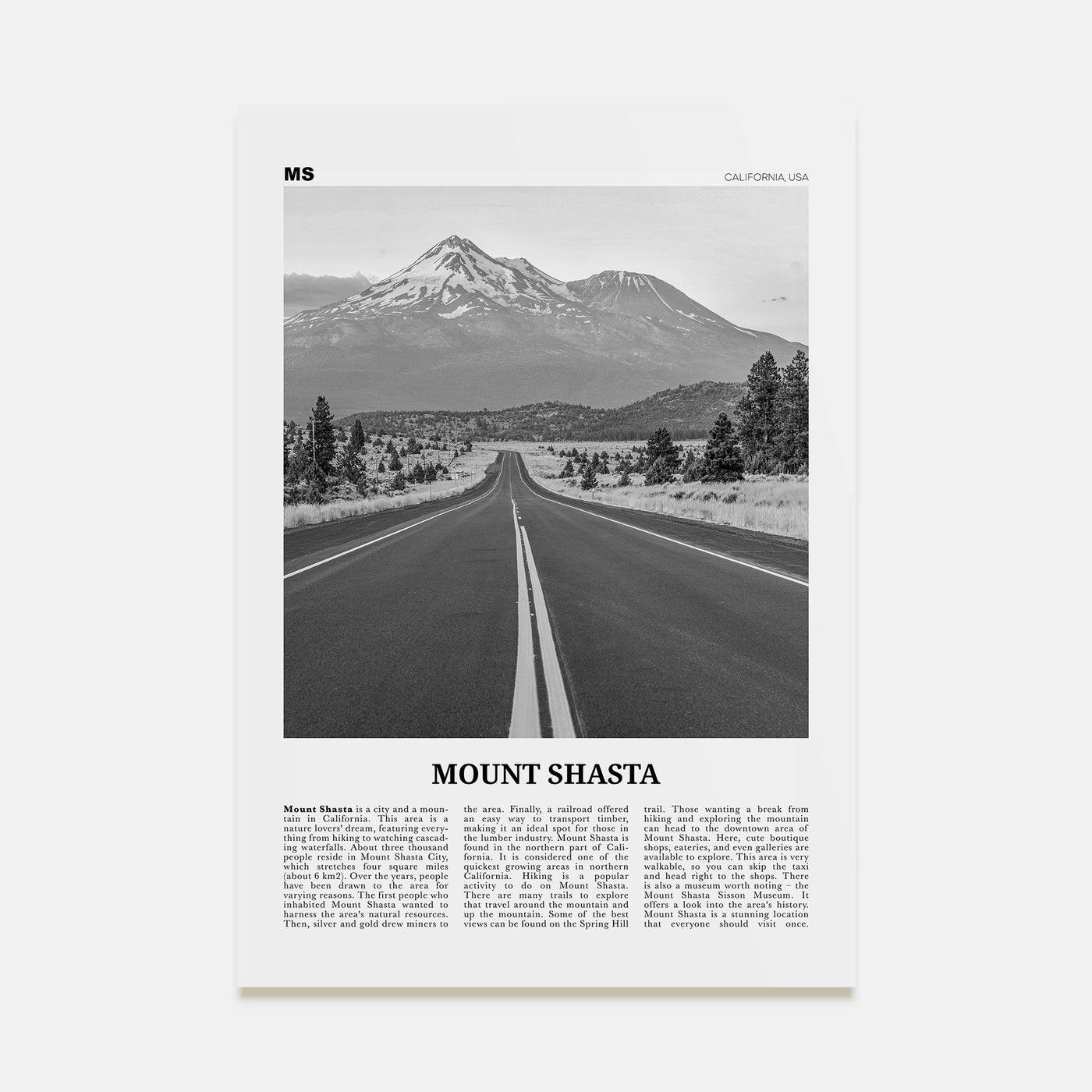 Mount Shasta Travel B&W Poster