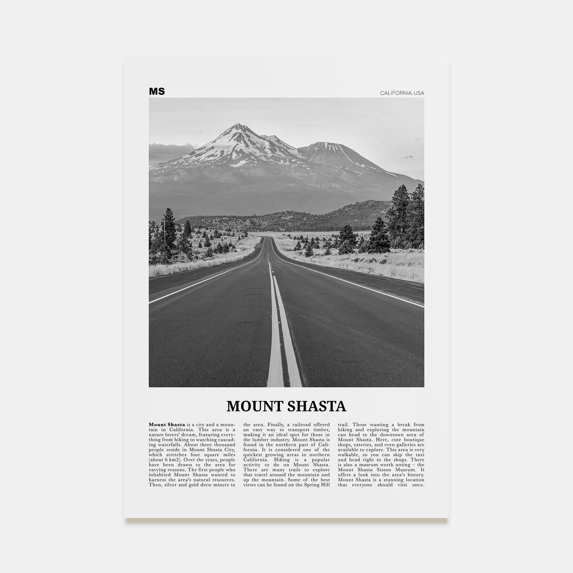 Mount Shasta Travel B&W Poster