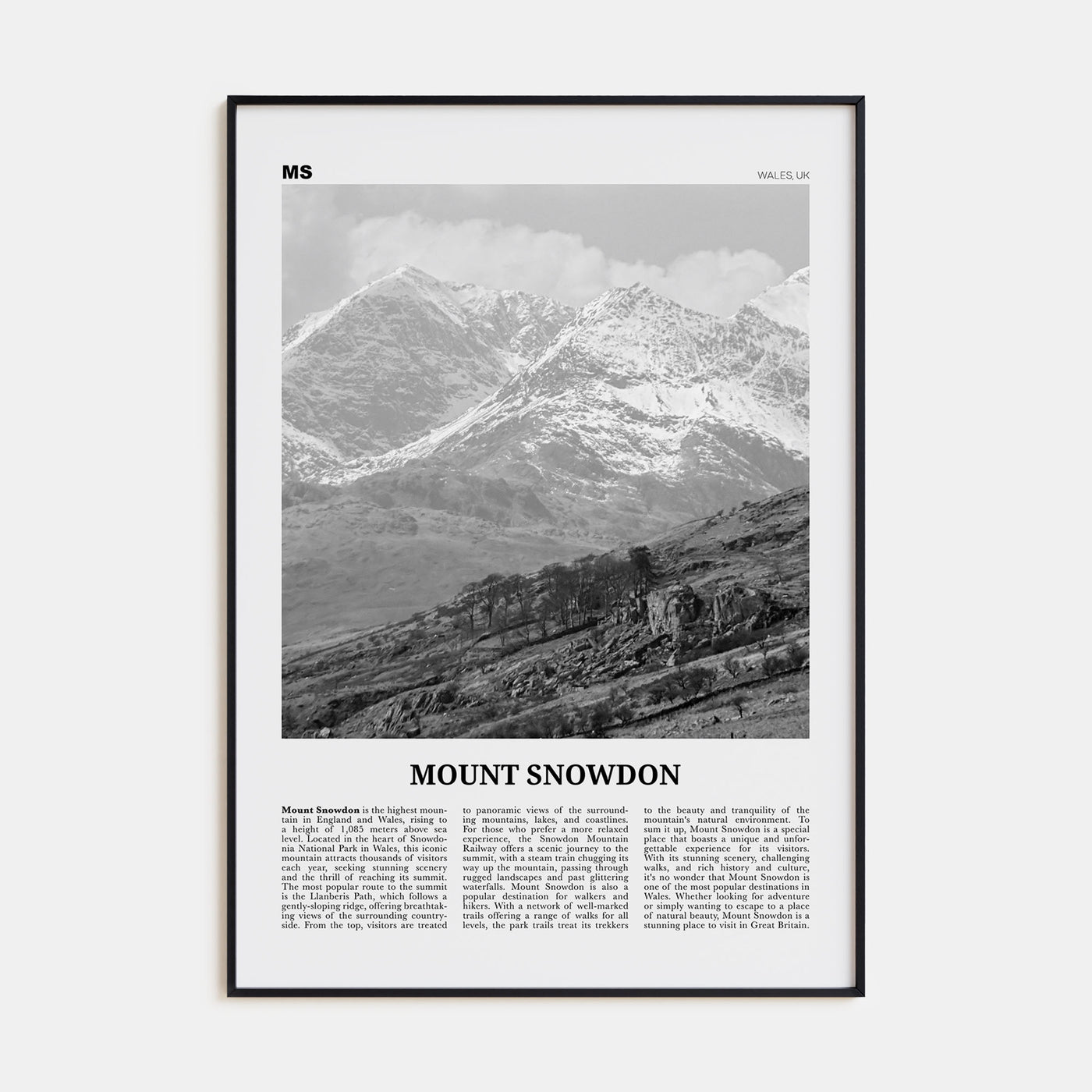 Mount Snowdon Travel B&W Poster